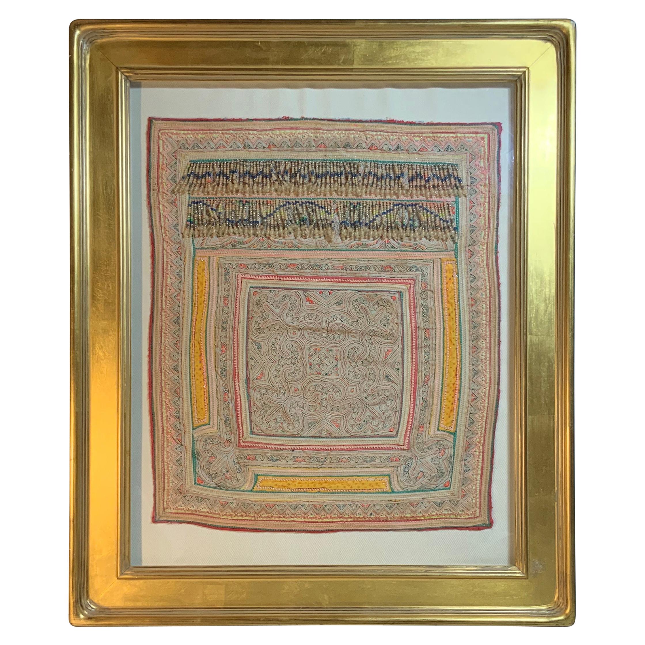 Antique Hmong Child Carrier Textile With Beads Mounted In Shadow Box