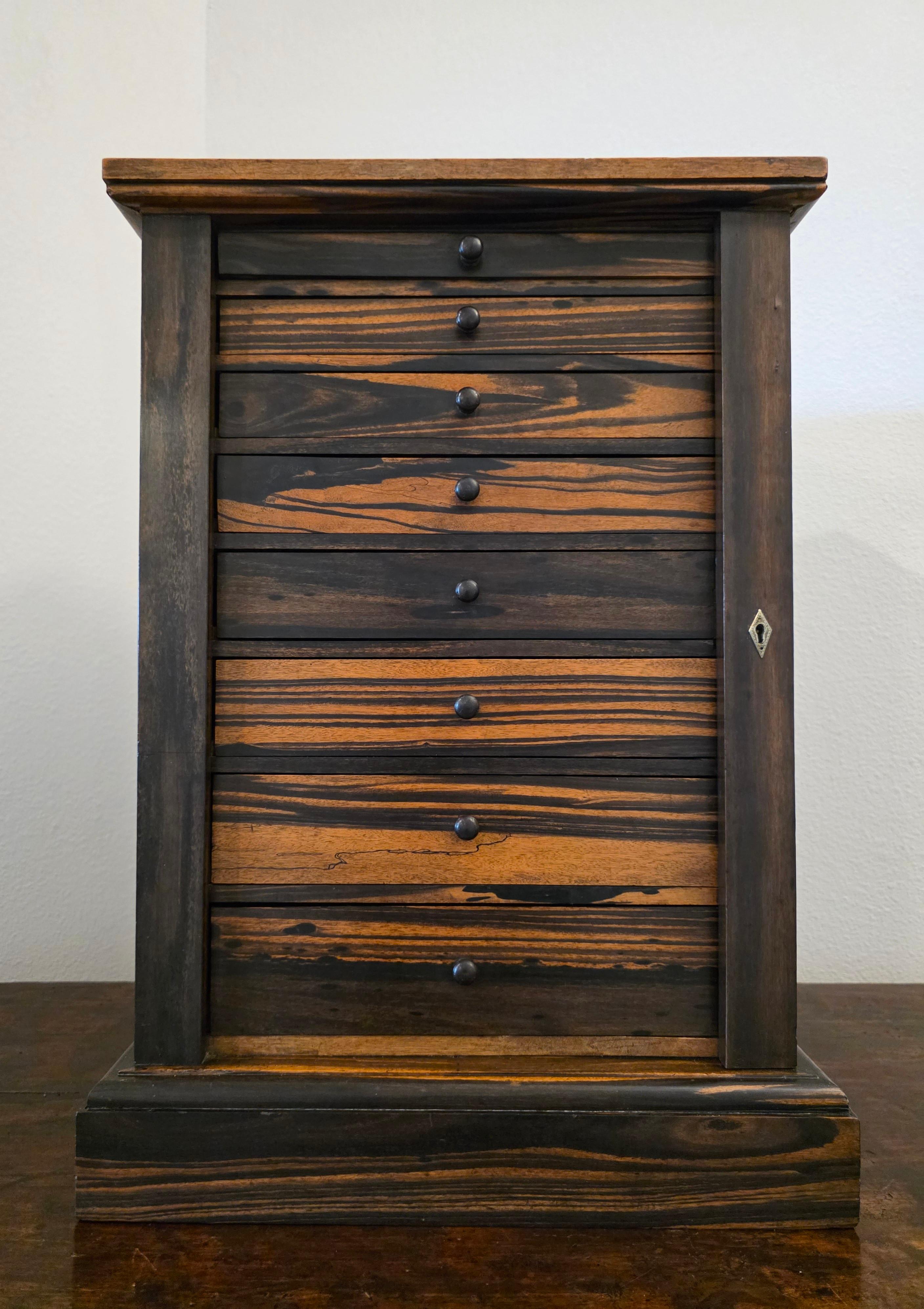 English Antique Hobbs & Co. London Regency Style Exotic Zebra Wood Collector's Cabinet For Sale