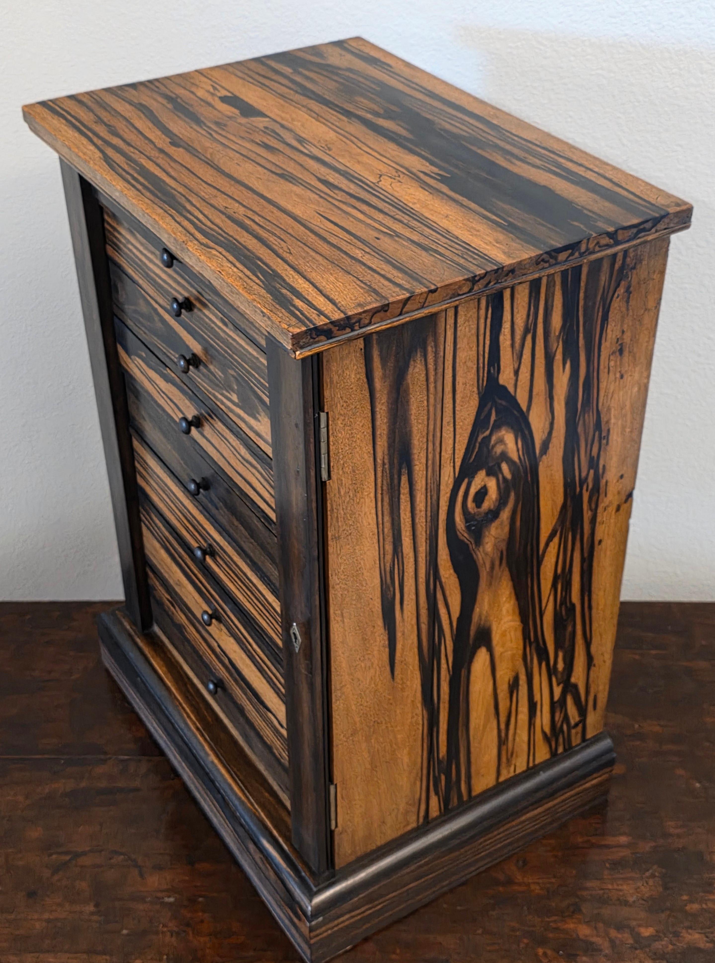 Hand-Crafted Antique Hobbs & Co. London Regency Style Exotic Zebra Wood Collector's Cabinet For Sale