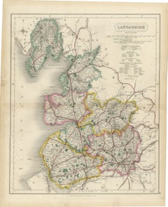 Antique Hobson Map of Lancashire, with Liverpool and Manchester, circa 1870