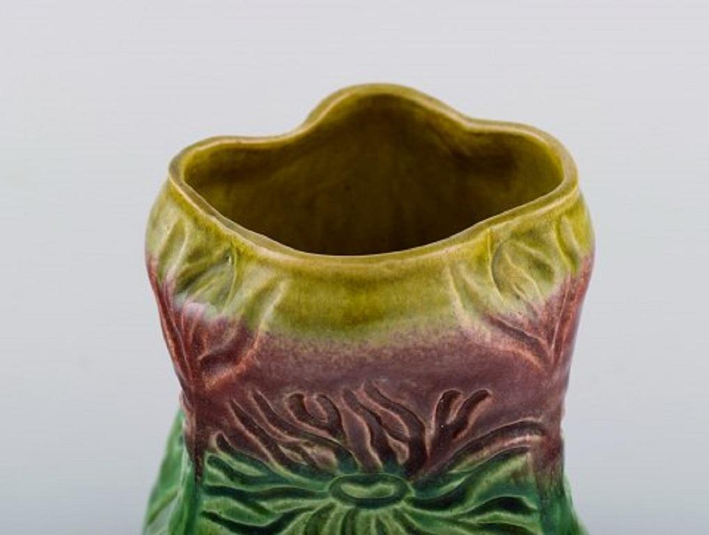 Swedish Antique Höganäs Art Nouveau Vase in Glazed Ceramics Decorated with Sunflowers