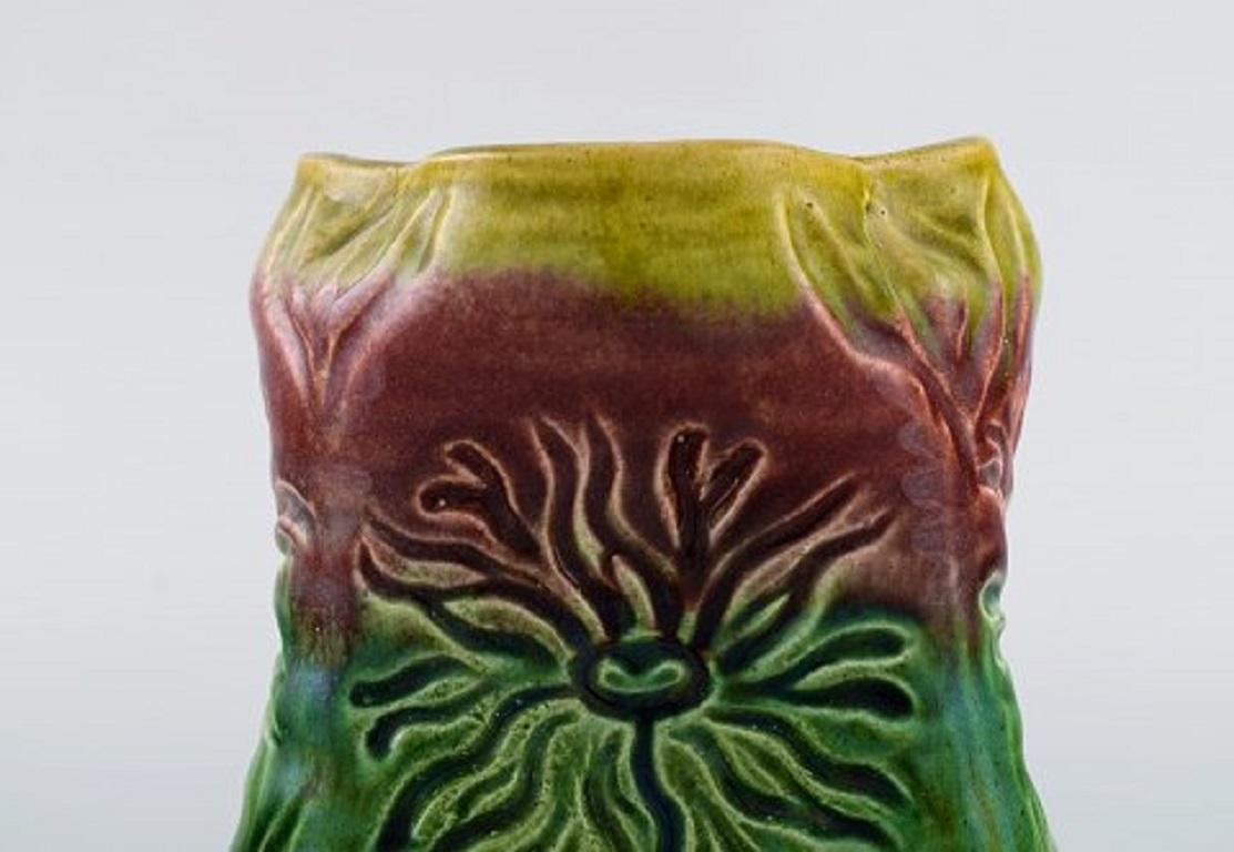 Antique Höganäs Art Nouveau Vase in Glazed Ceramics Decorated with Sunflowers In Good Condition In Copenhagen, DK