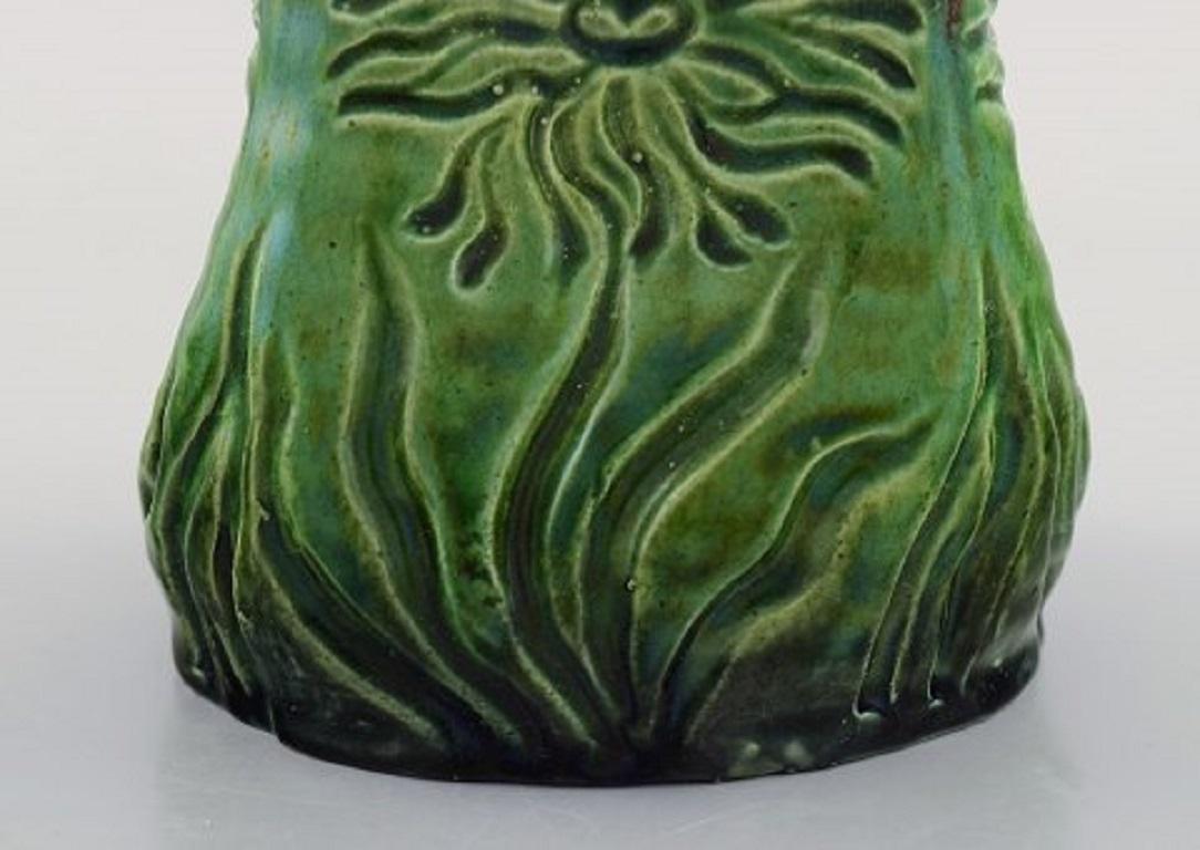 20th Century Antique Höganäs Art Nouveau Vase in Glazed Ceramics Decorated with Sunflowers