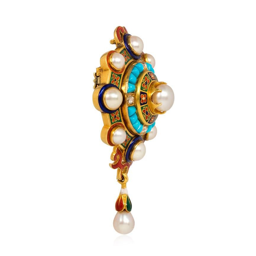 An antique gold Holbeinesque pendant brooch centering on a pearl surrounded by concentric rings of multicolored enamel and turquoise and diamonds, within an outer frame of half pearls and red, blue, and green enamel, suspending a pearl drop with a