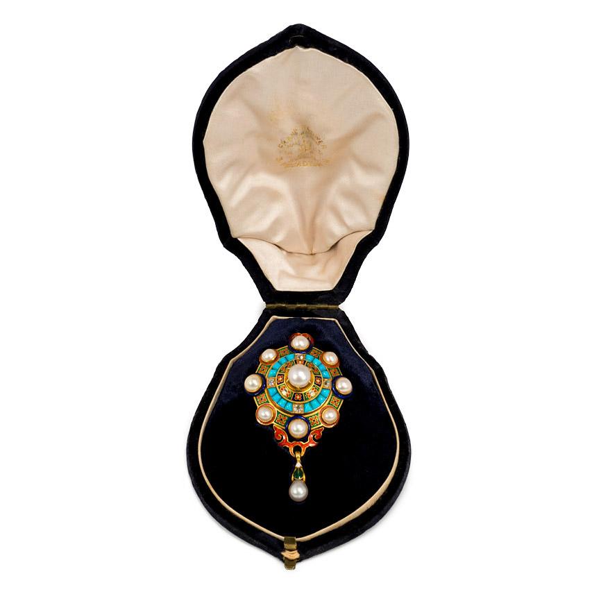 Antique Holbeinesque Gold and Enamel Brooch with Pearls, Turquoise, and Diamonds In Good Condition In New York, NY