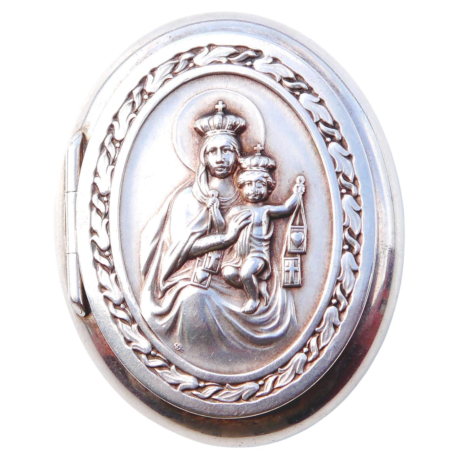 Antike Holly Mutter und Kind solid 925 Sterlingsilber Box Pyx Pill Waschtischschachtel
