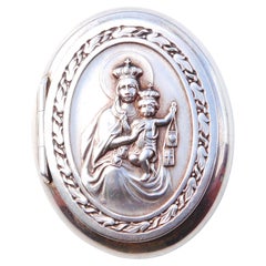 Antiguo acebo Madre e hijo Caja de plata de ley 925 maciza Caja de tocador para píldoras Pyx