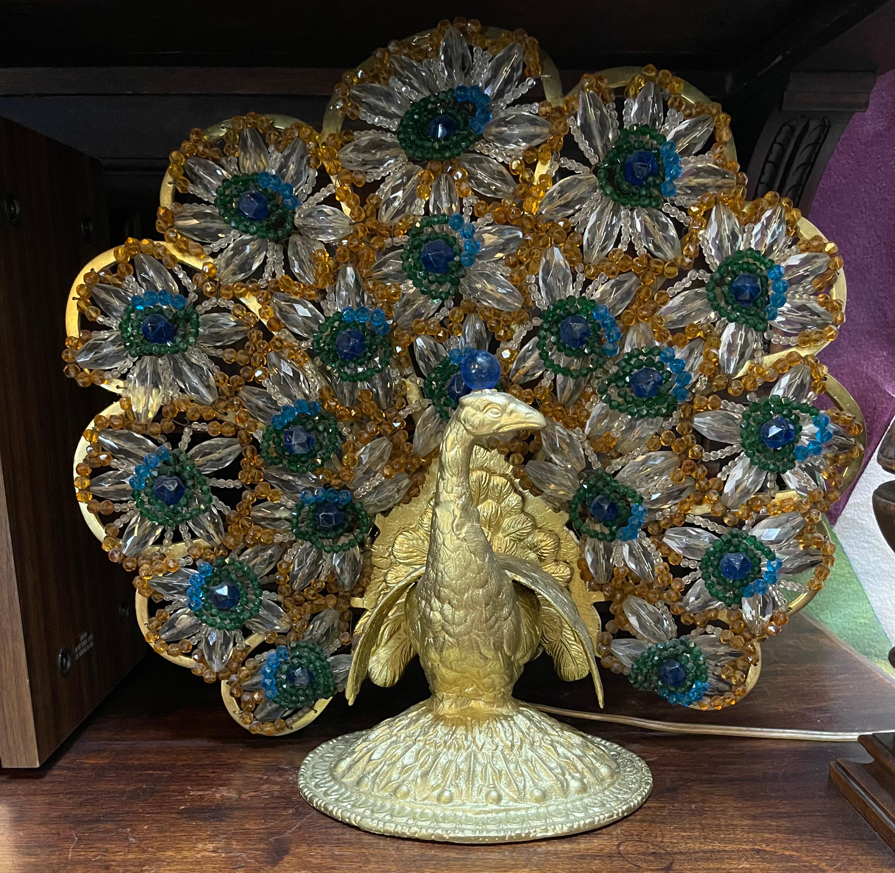 Czech Antique Hollywood Regency Bohemian Beaded and Gilt Bronze Peacock Lamp