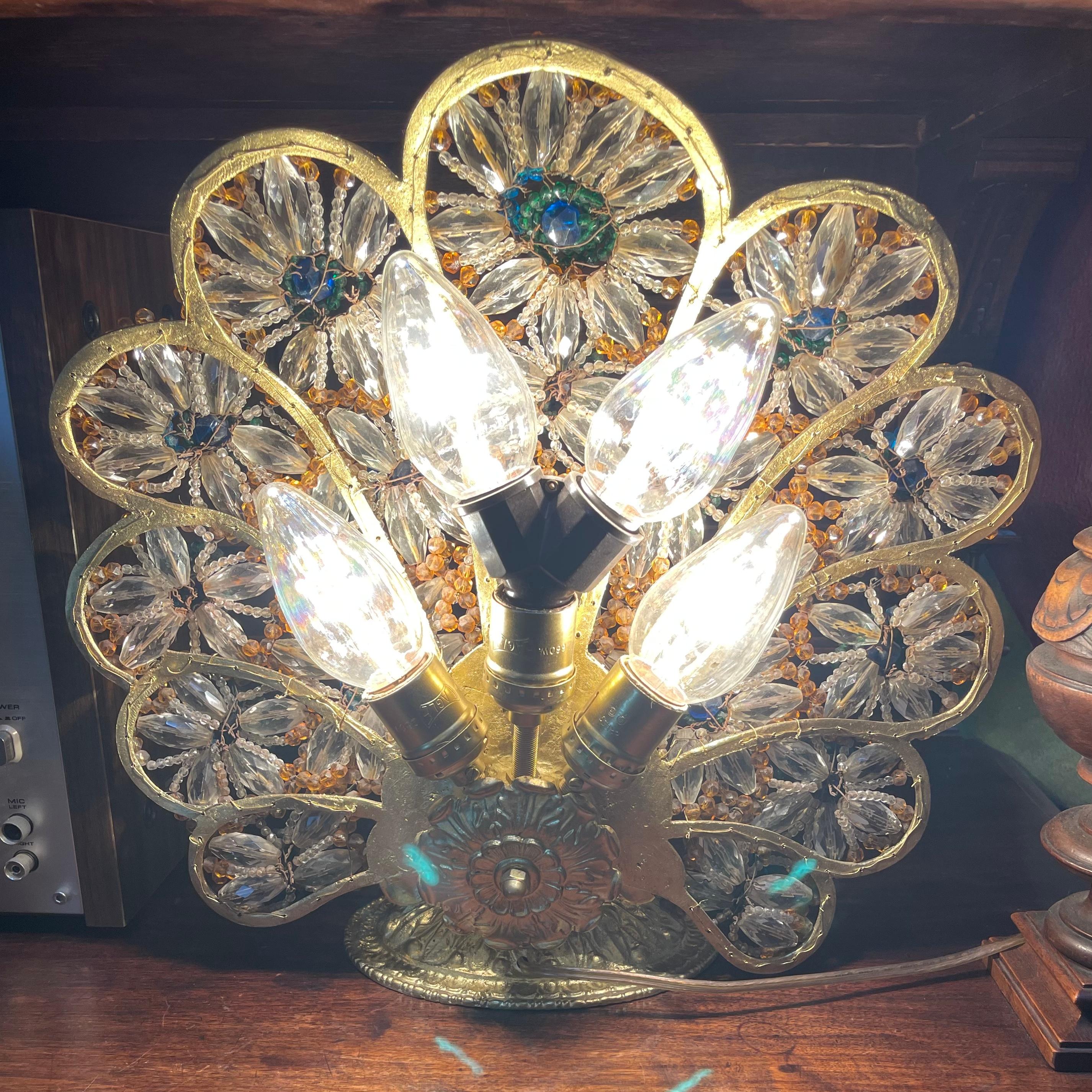 Antique Hollywood Regency Bohemian Beaded and Gilt Bronze Peacock Lamp In Good Condition In Chicago, IL