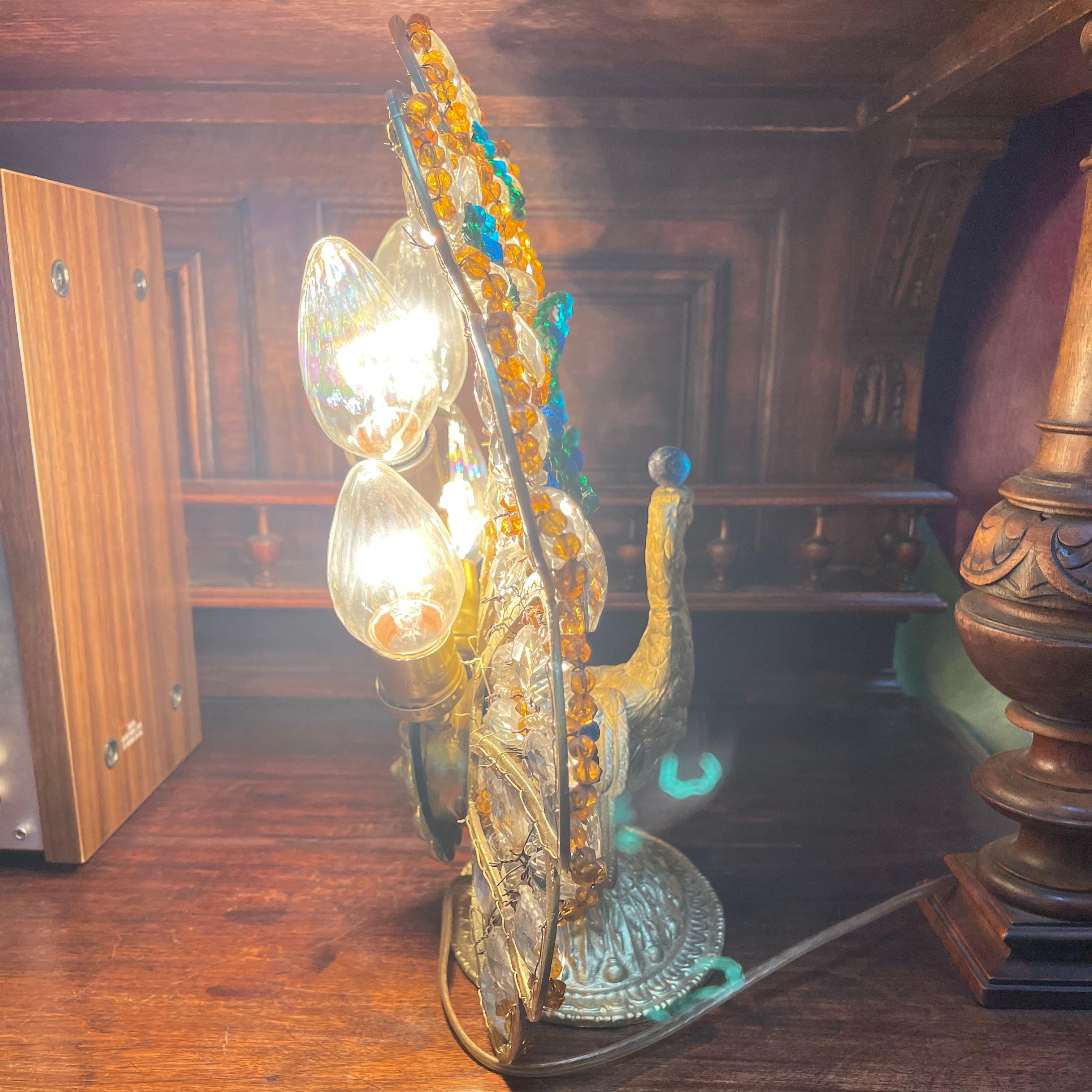 Brass Antique Hollywood Regency Bohemian Beaded and Gilt Bronze Peacock Lamp
