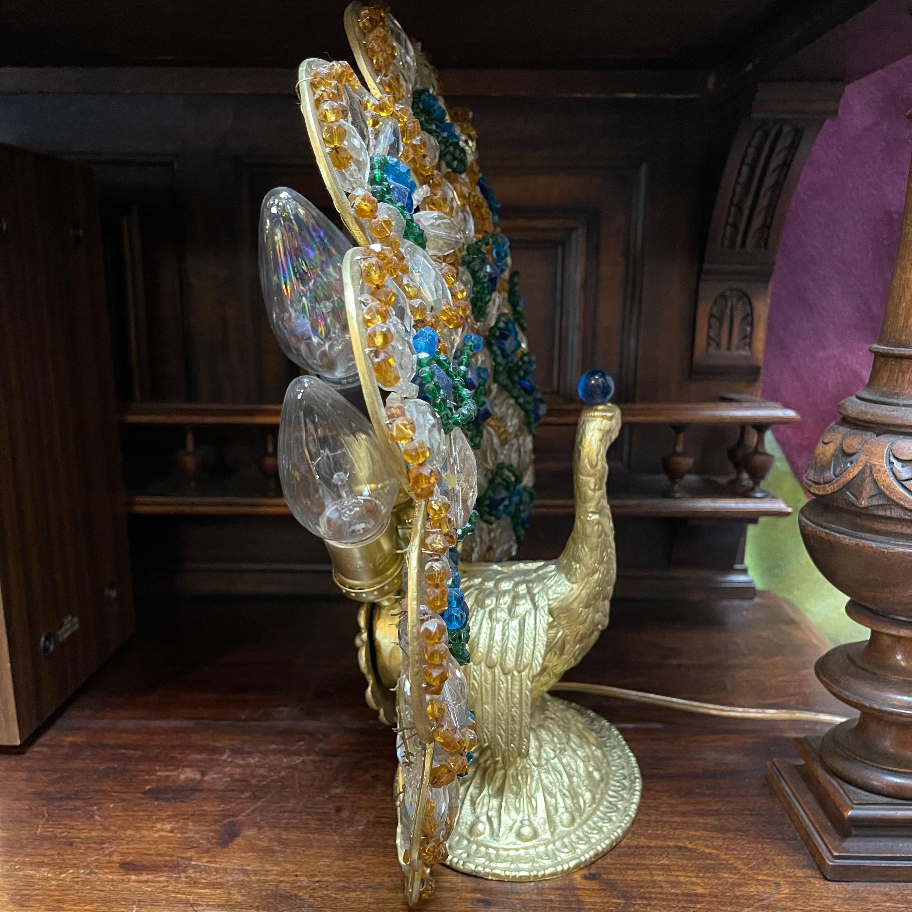 Antique Hollywood Regency Bohemian Beaded and Gilt Bronze Peacock Lamp 1