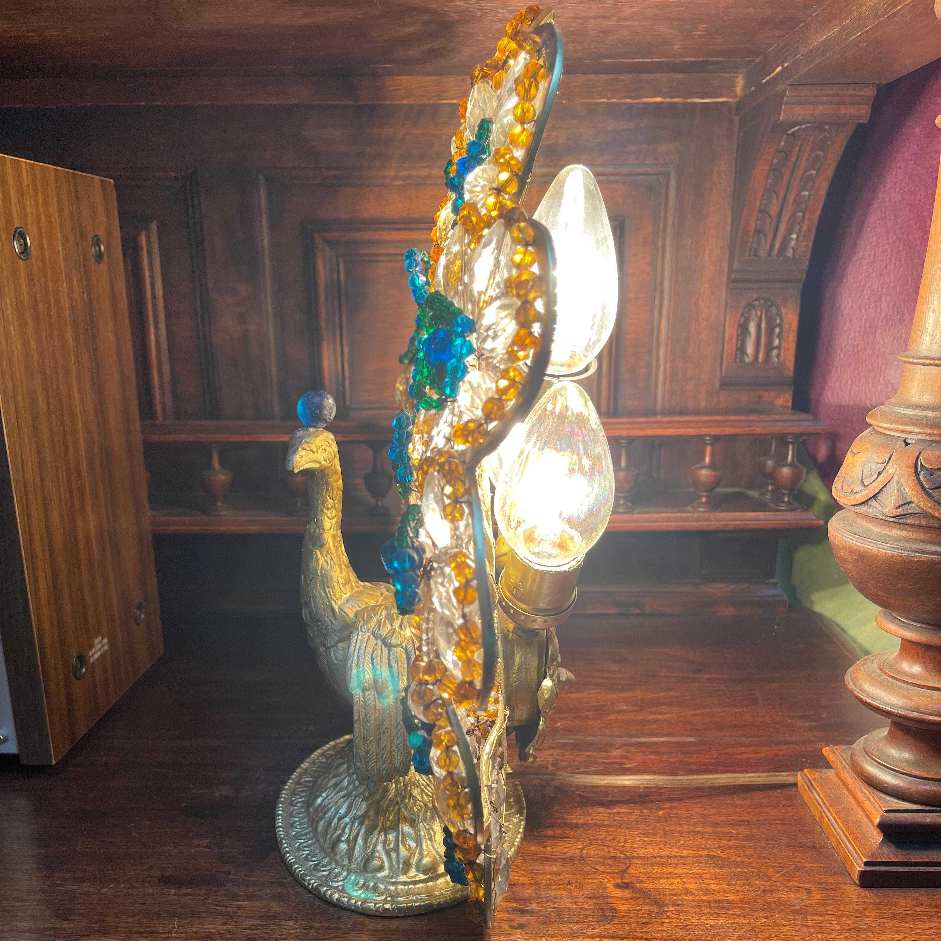 Antique Hollywood Regency Bohemian Beaded and Gilt Bronze Peacock Lamp 2
