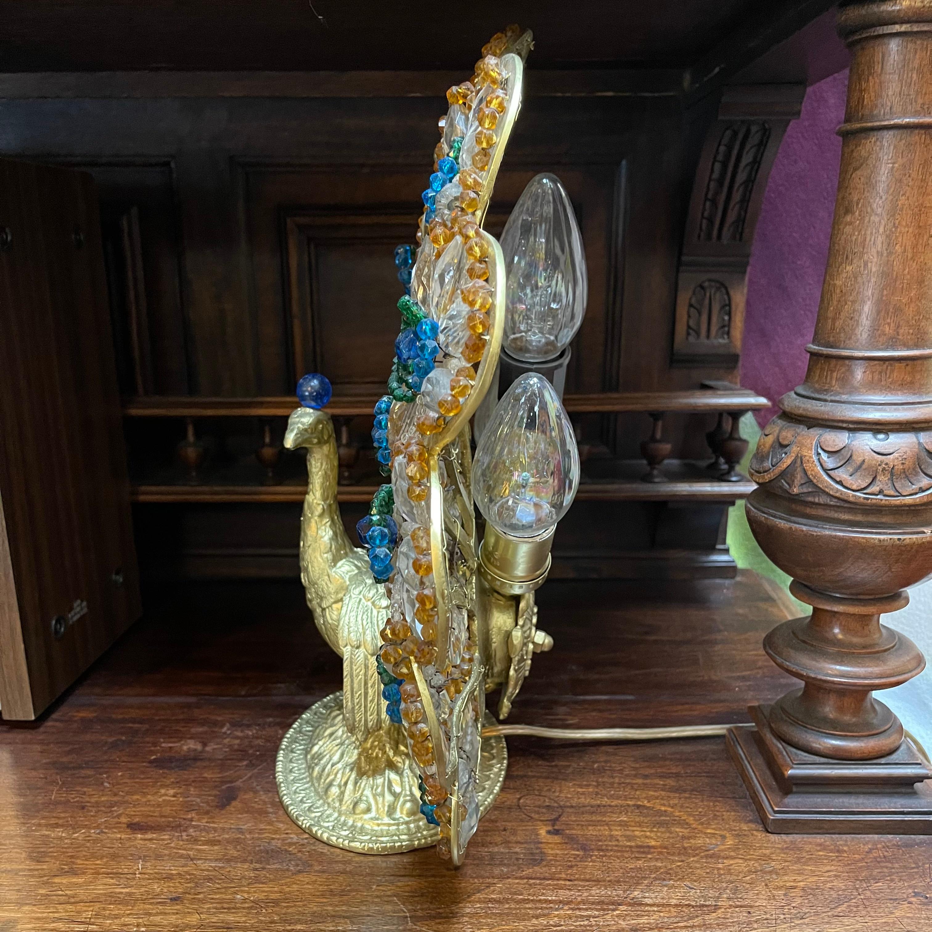 Antique Hollywood Regency Bohemian Beaded and Gilt Bronze Peacock Lamp 3