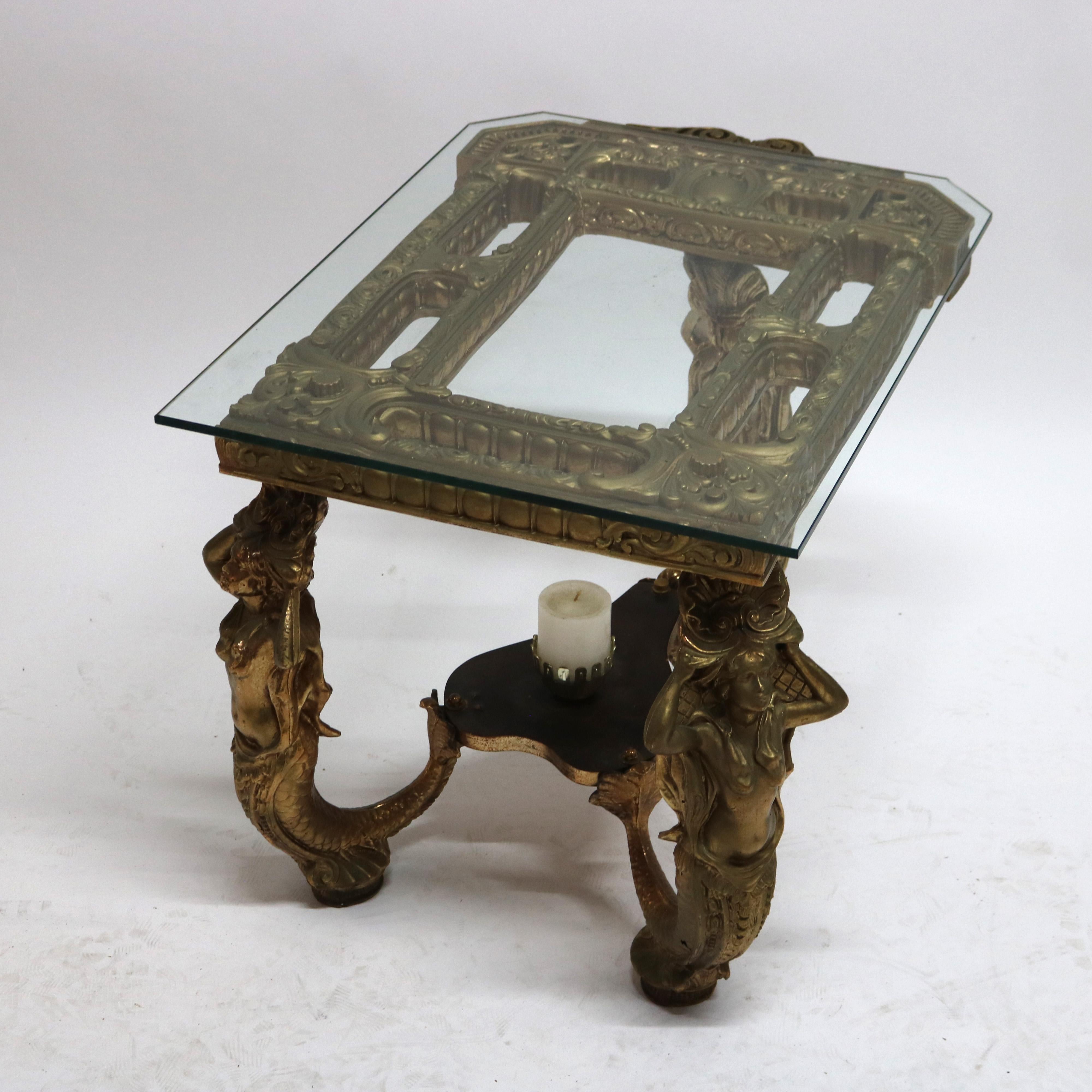 Antique table sirène figurative Hollywood Regency en laiton et verre C1930 en vente 2