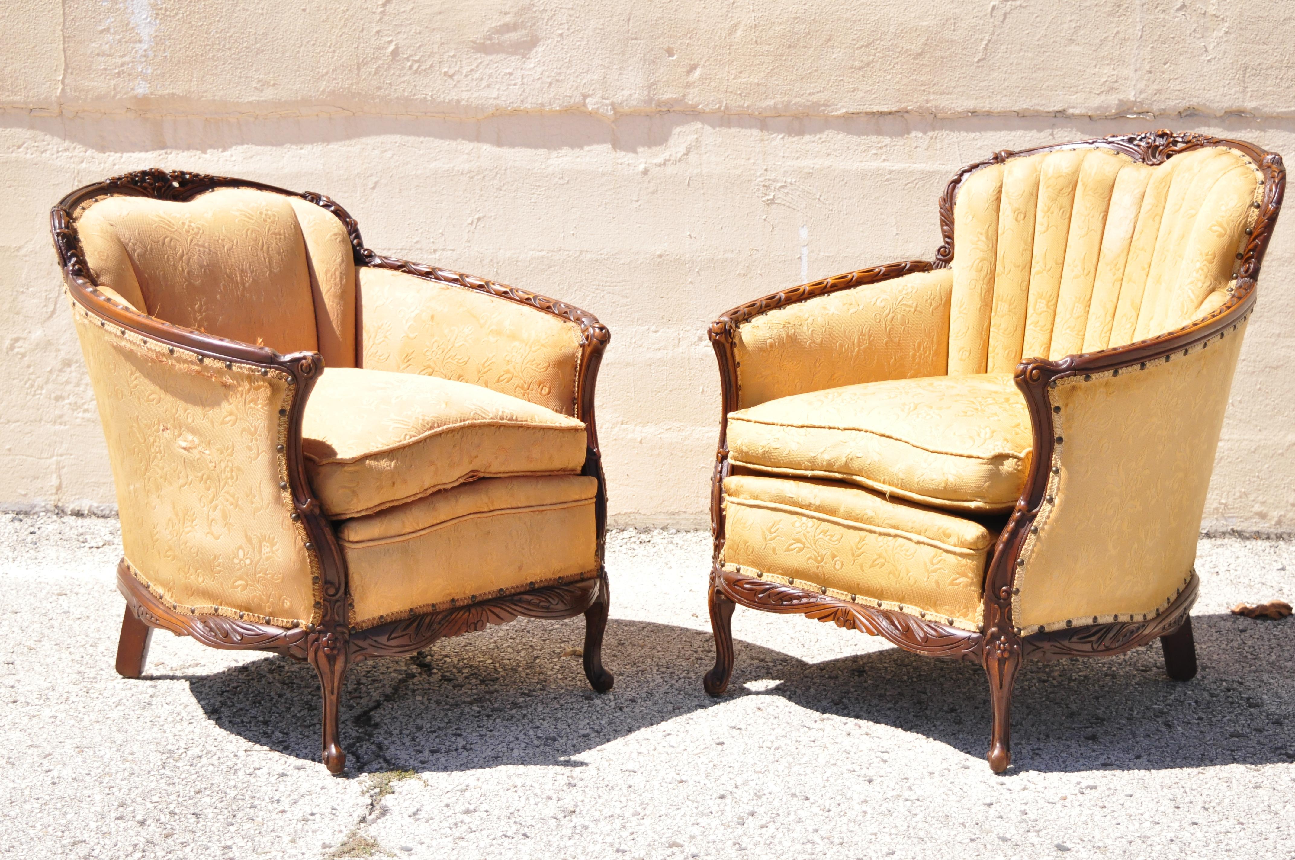 Antique Hollywood Regency French His & Hers Carved Mahogany Club Chairs - a Pair 7