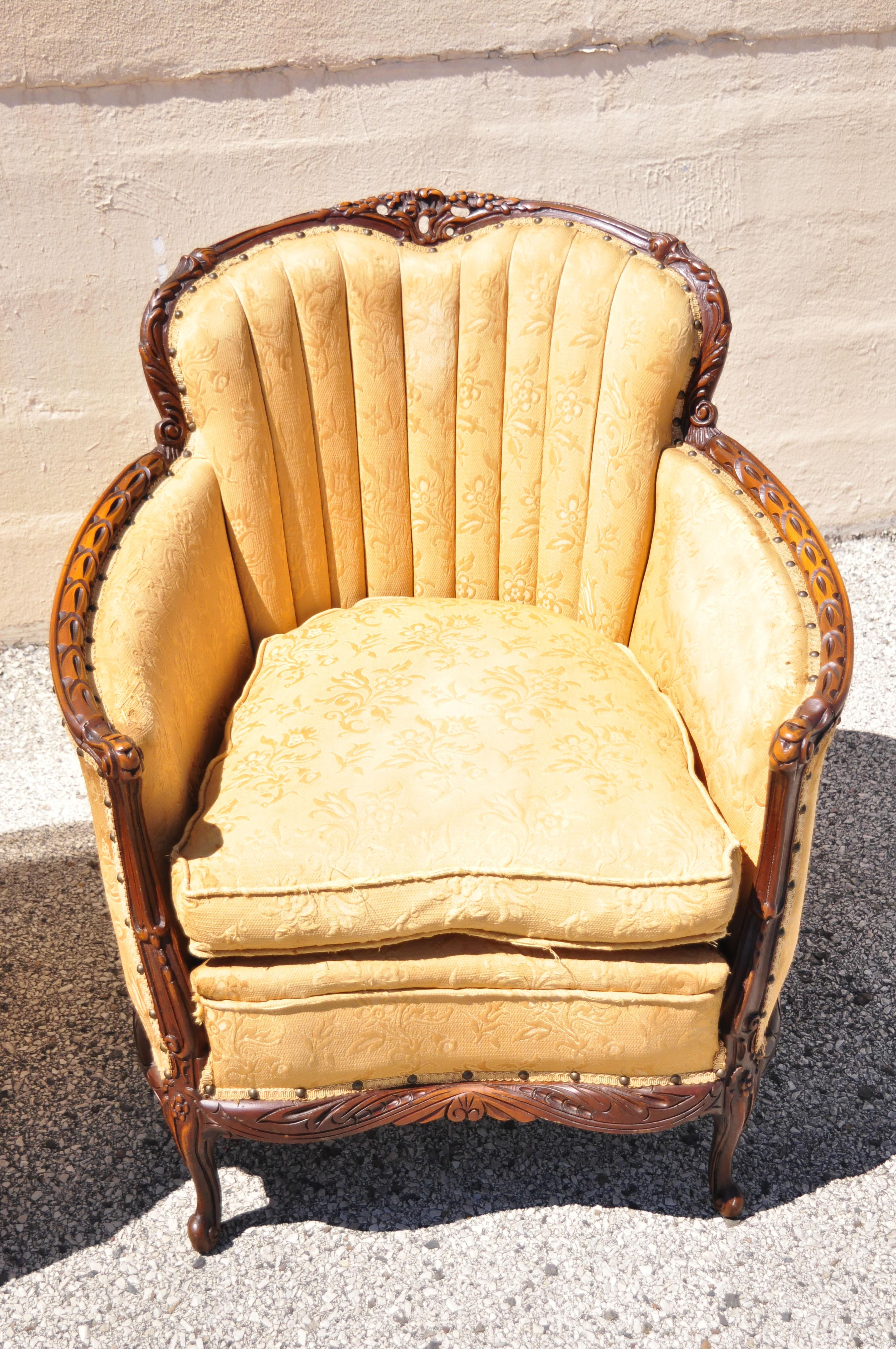 Antique Hollywood Regency French Style his and hers carved mahogany parlor club chairs - a Pair. Item features slight variation in size, solid wood construction, nicely carved details, very nice antique pair, great style and form. Circa Early to Mid