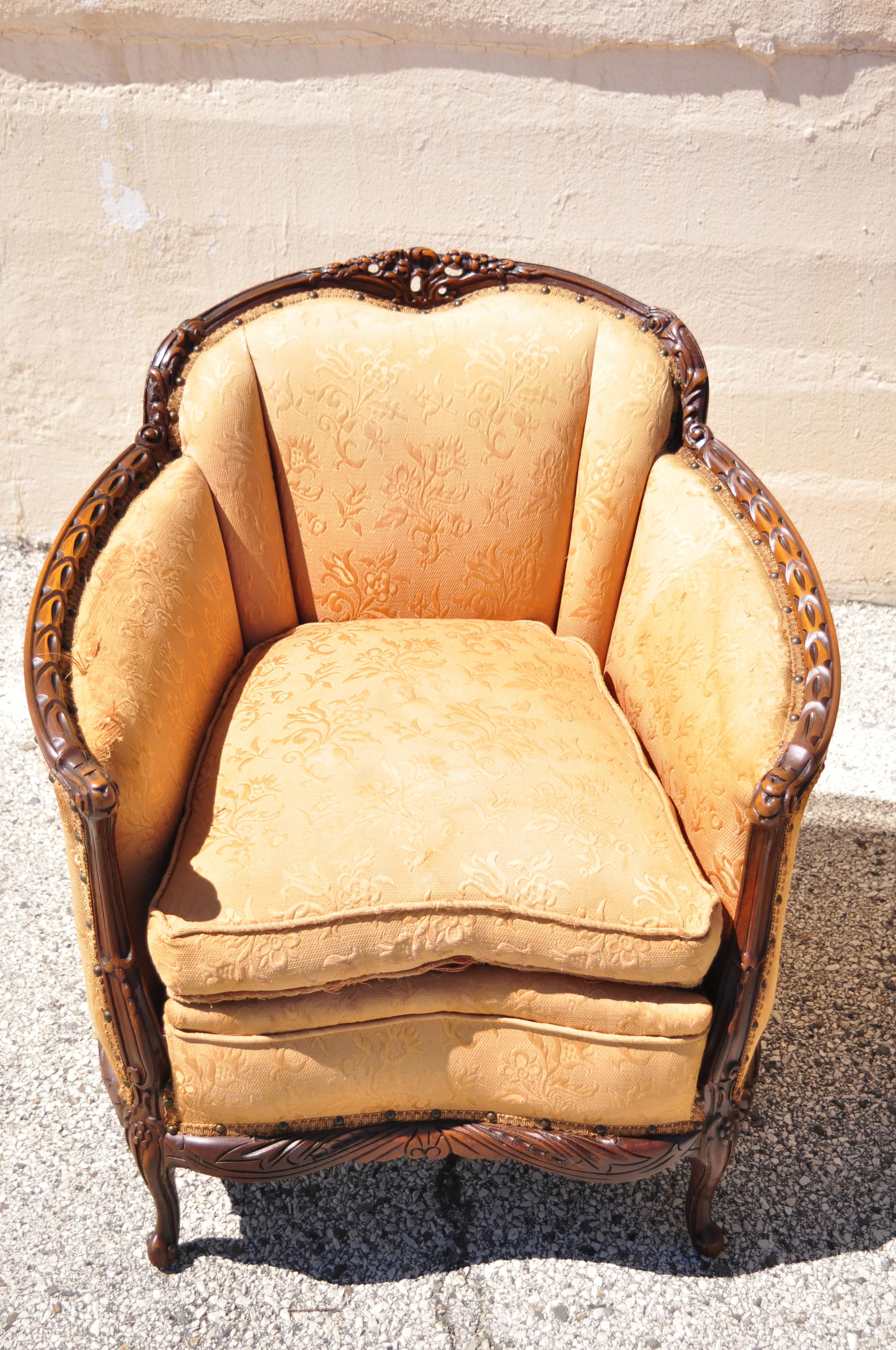 North American Antique Hollywood Regency French His & Hers Carved Mahogany Club Chairs - a Pair