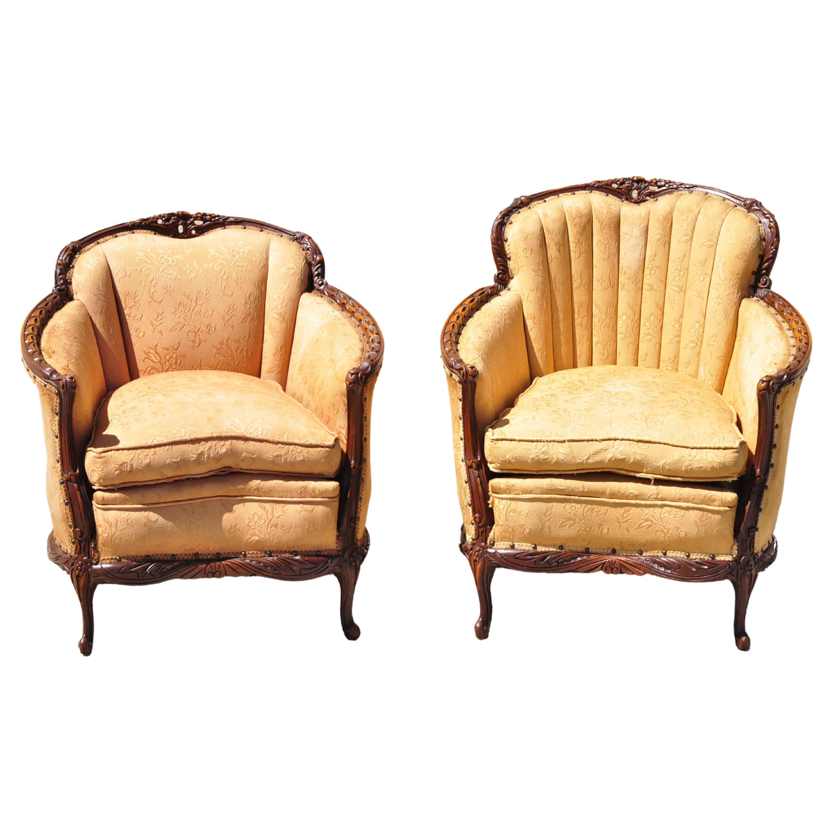 Antique Hollywood Regency French His & Hers Carved Mahogany Club Chairs - a Pair