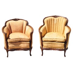 Retro Hollywood Regency French His & Hers Carved Mahogany Club Chairs - a Pair