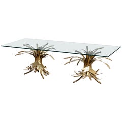 Hollywood Regency Gilt Metal Wheat Glass Top Coffee Table, Early 20th Century