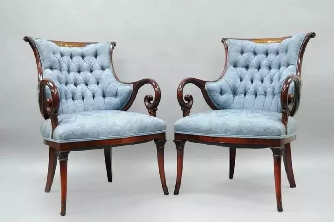 Antique Hollywood Regency Grosfeld House Mahogany & Rosewood Arm Chairs - a Pair For Sale 3