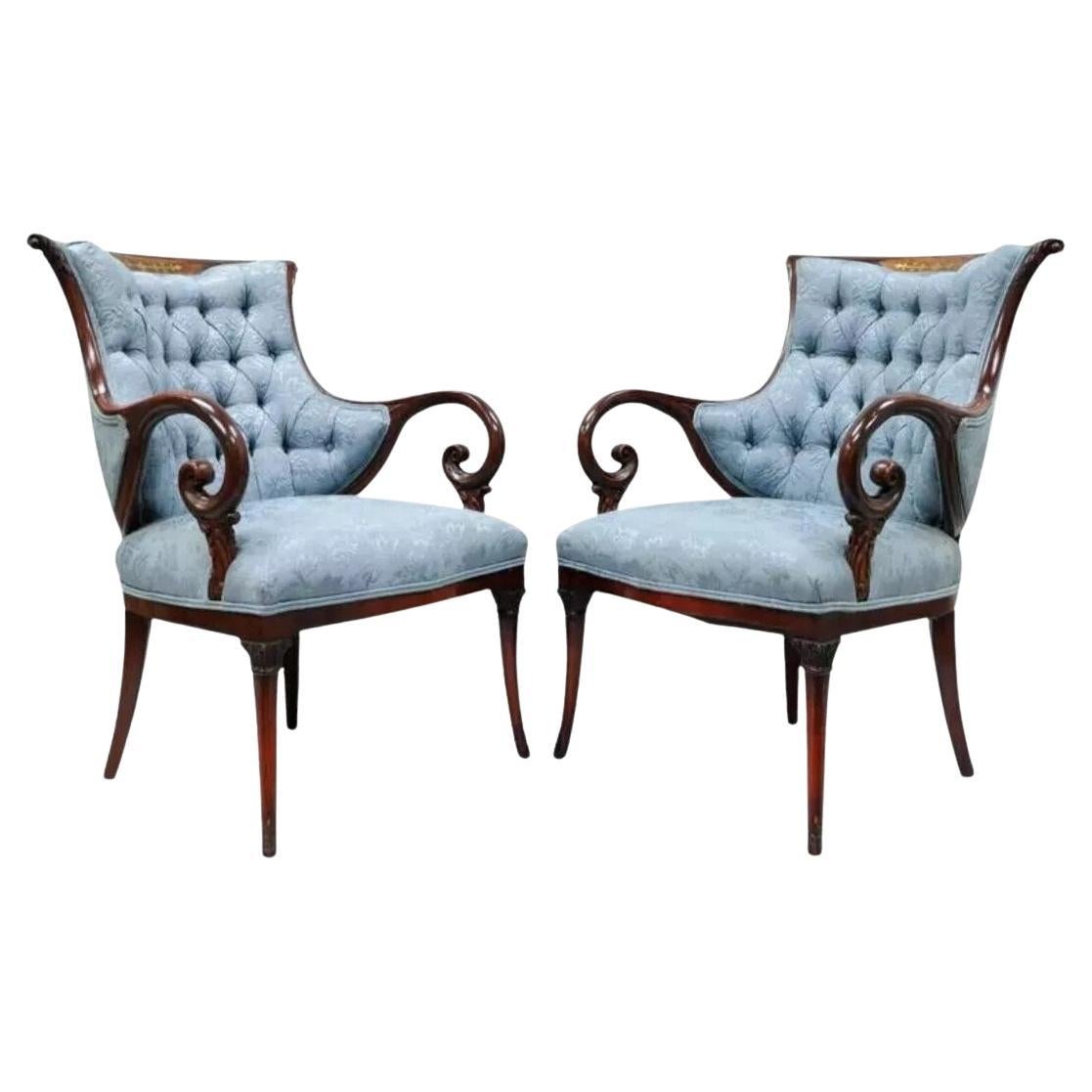 Antique Hollywood Regency Grosfeld House Mahogany & Rosewood Arm Chairs - a Pair