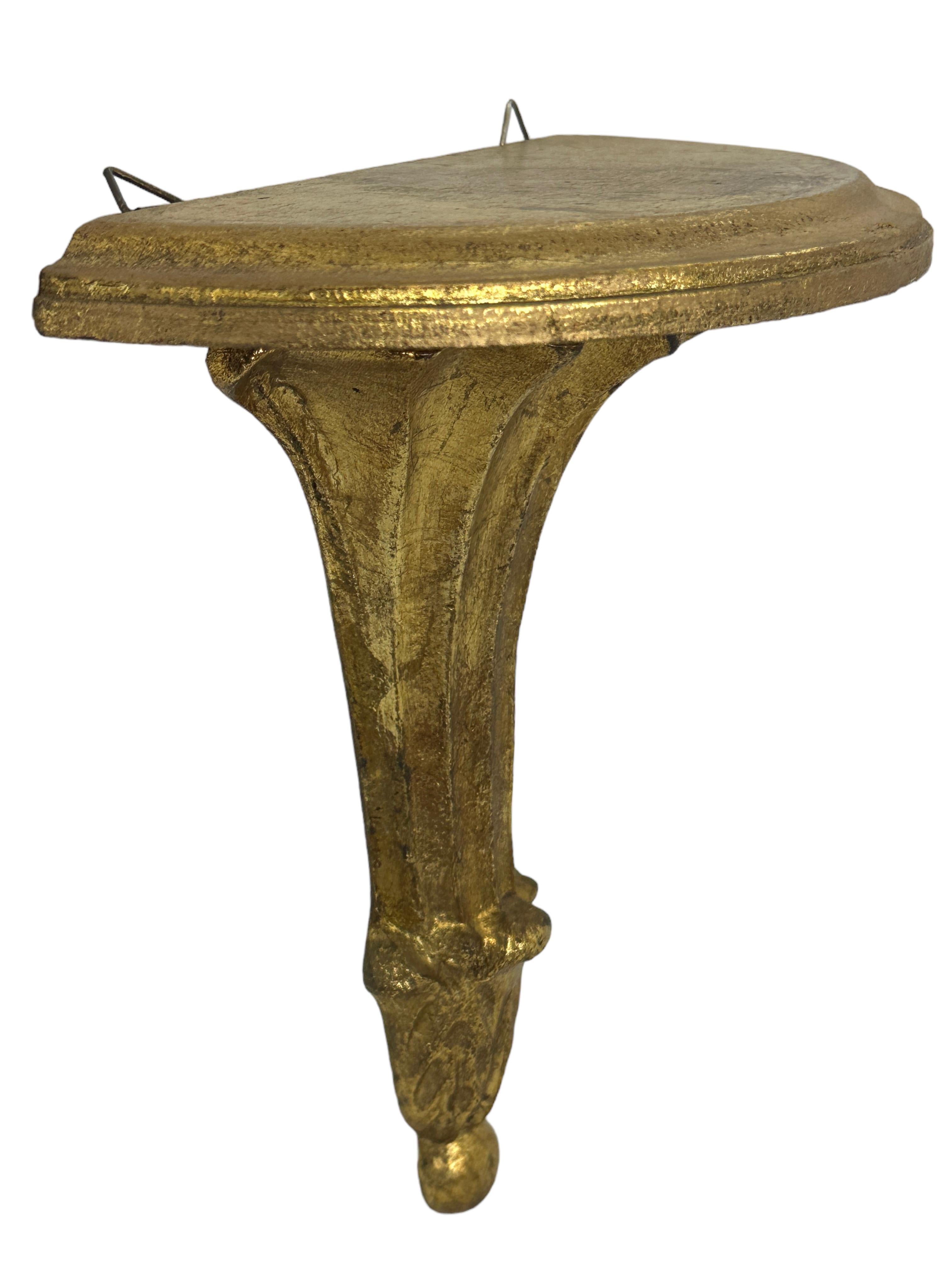 Gilt Beautiful Hollywood Regency Tole Toleware Gilded Wall Console Shelve Italy 1950s For Sale