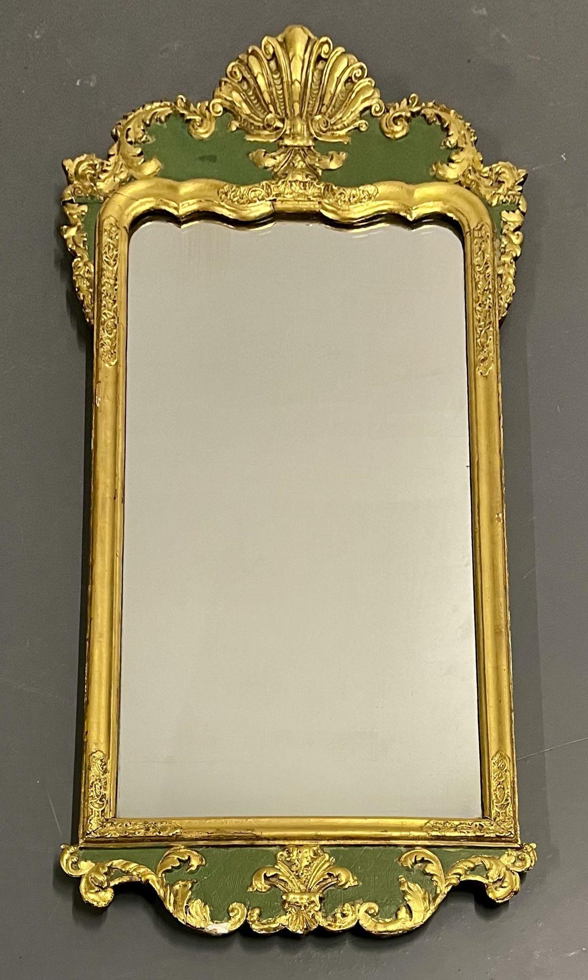 Gustavian Antique Hollywood Regency Wall/Console Mirror, Parcel Gilt and Paint Decorated For Sale