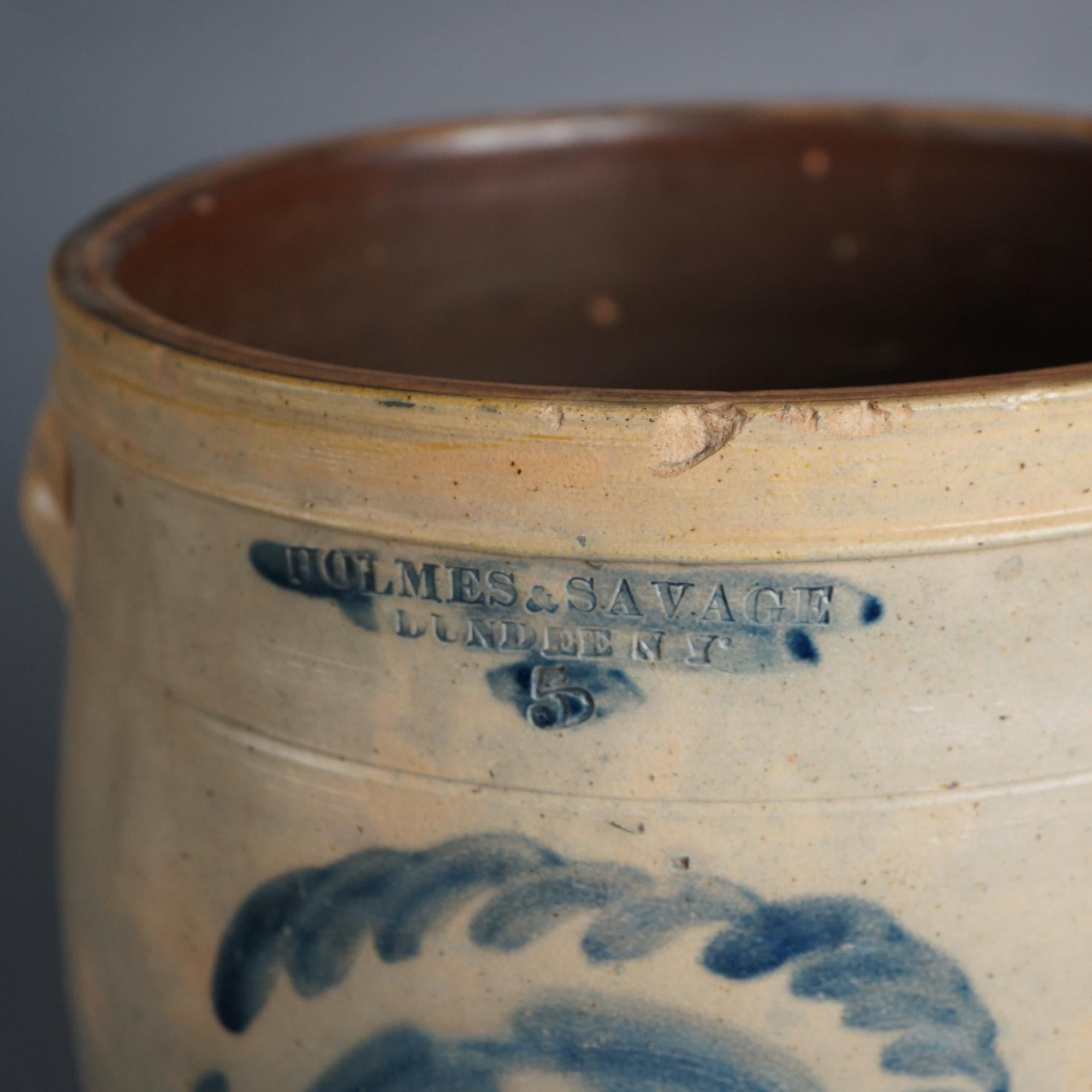 Hand-Painted Antique Holmes & Savage, Dundee NY Blue Decorated Stoneware 5gal Crock C1850