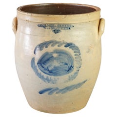 Antique Holmes & Savage, Dundee NY Blue Decorated Stoneware 5gal Crock C1850