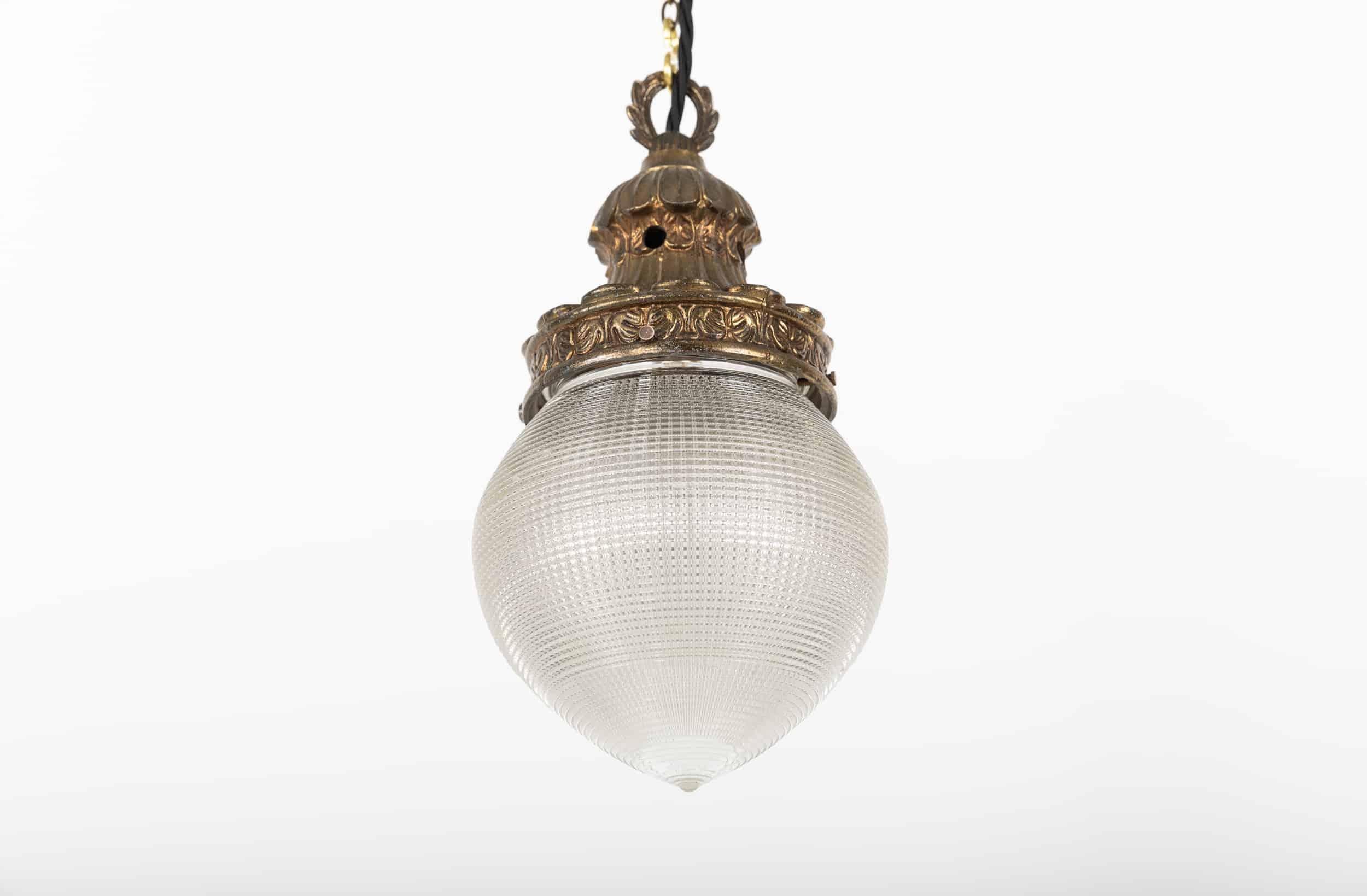 English Antique Holophane Acorn Prismatic Glass Pendant Lamp, C.1930