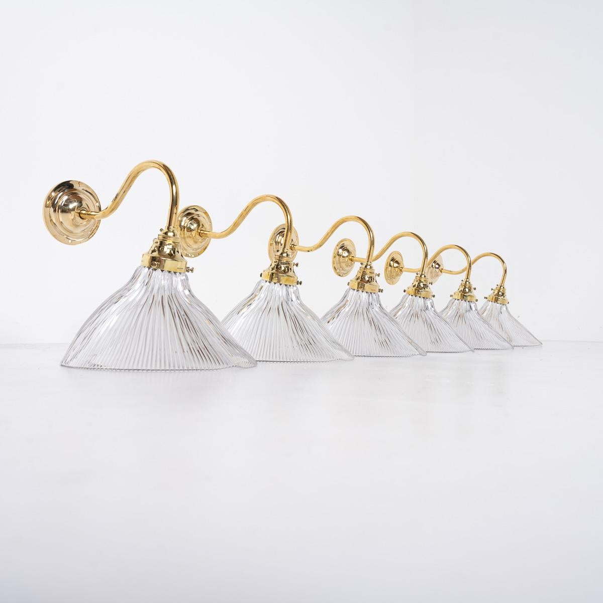 Antique Holophane Angled Prismatic Glass Wall Lights on Polished Brass Brackets For Sale 11