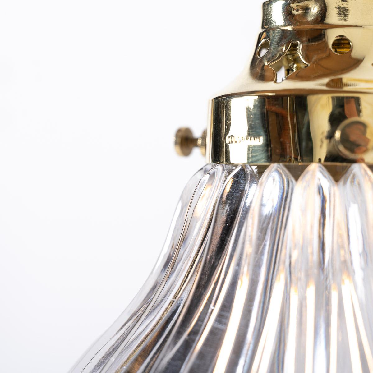 British Antique Holophane Angled Prismatic Glass Wall Lights on Polished Brass Brackets For Sale