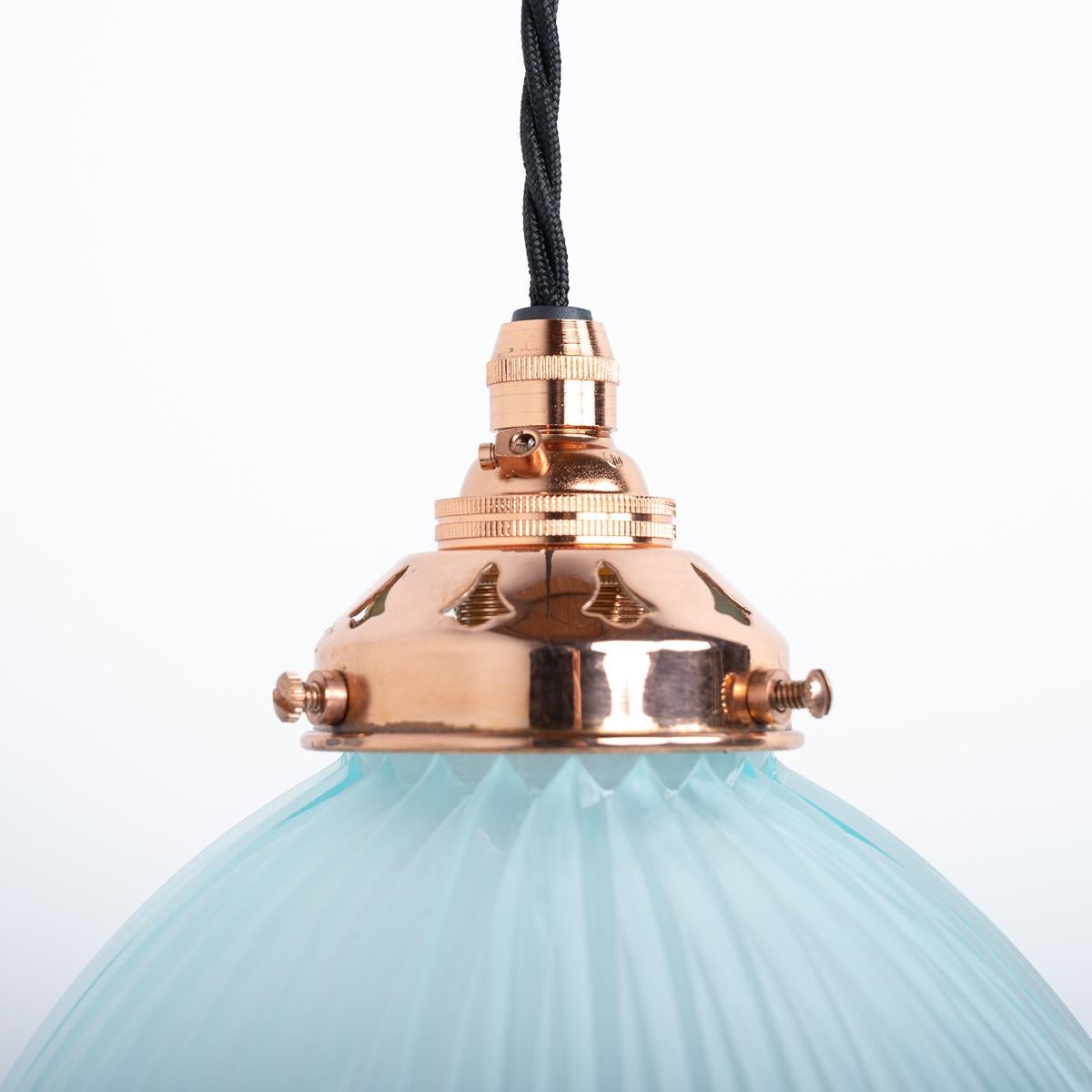 Hand-Crafted Antique Holophane E100 Blue Frosted Prismatic Glass & Copper Pendant Lights For Sale