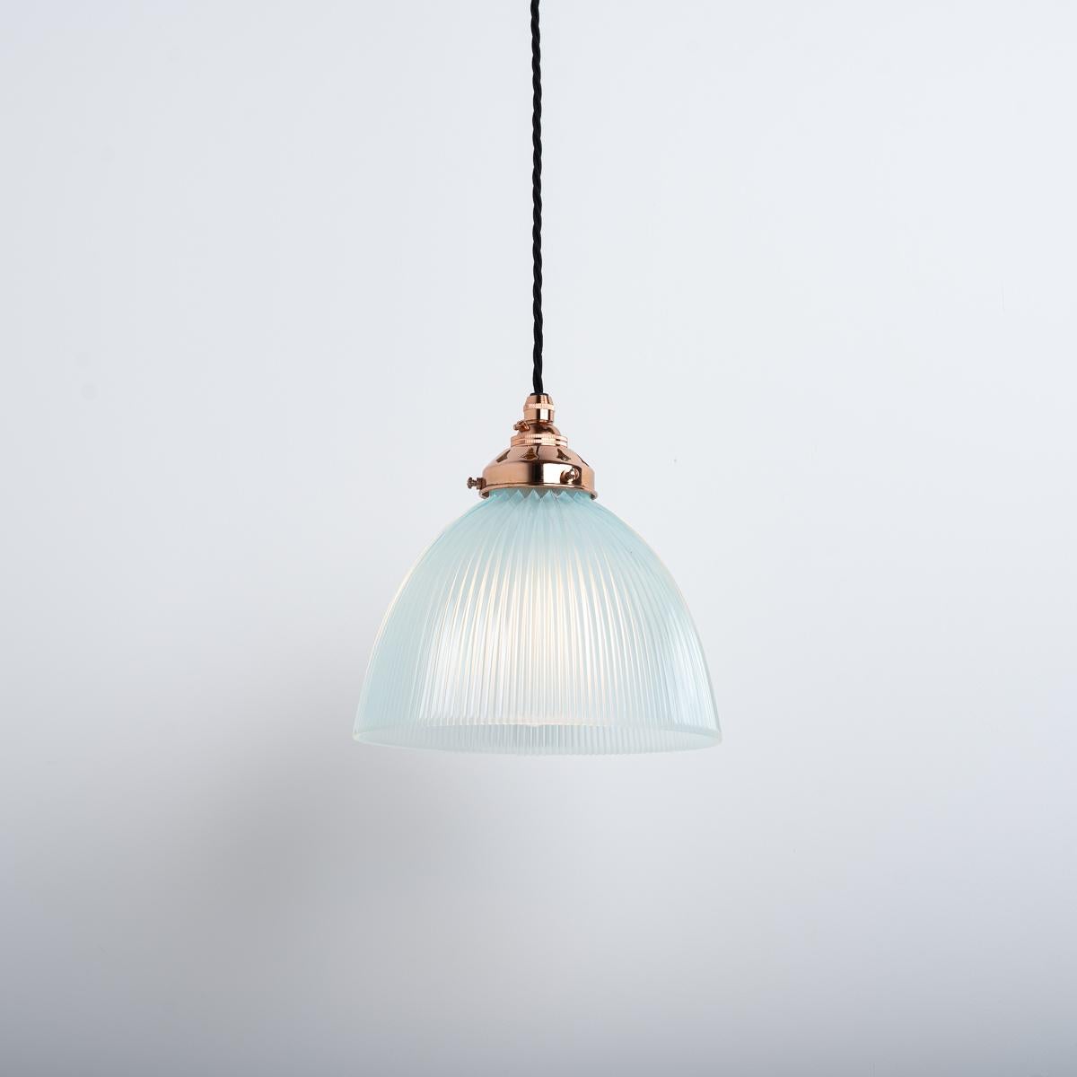 Antique Holophane E100 Blue Frosted Prismatic Glass & Copper Pendant Lights In Good Condition For Sale In Nottingham, GB