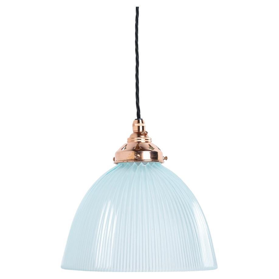 Antique Holophane E100 Blue Frosted Prismatic Glass & Copper Pendant Lights For Sale