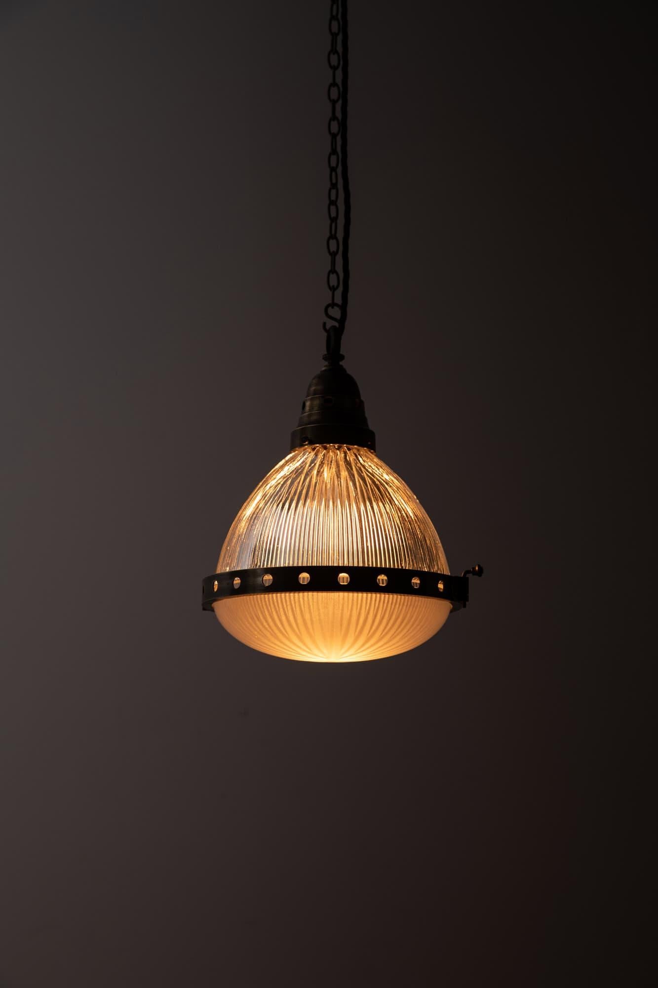 Metal Antique Holophane 'Excellite' French Prismatic Glass Pendant Lamp, C.1920 For Sale