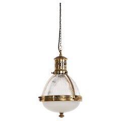 Antike französische Holophane-Pendelleuchte „Excellite“ aus Prismaglas, um 1920