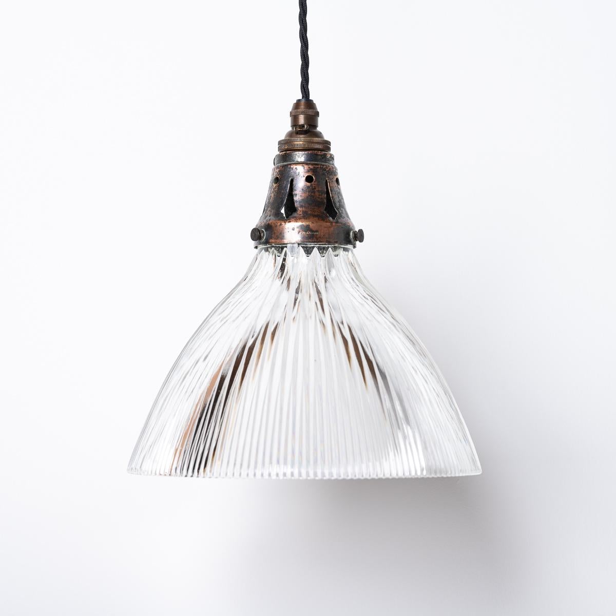 Industrial Antique Holophane Pendant Lights With Original Brass Fittings For Sale