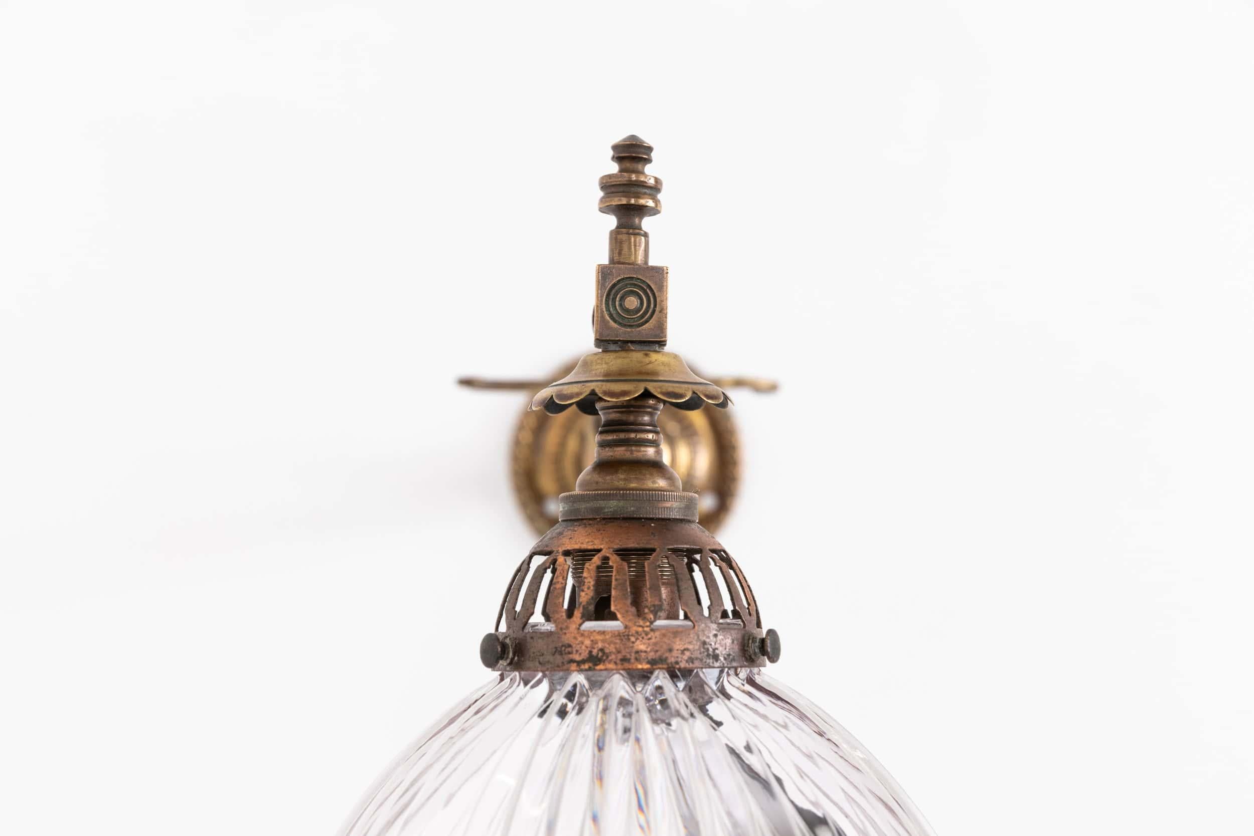 English Antique Holophane Prismatic Glass and Brass Former Gas Wall Lamp, c.1920