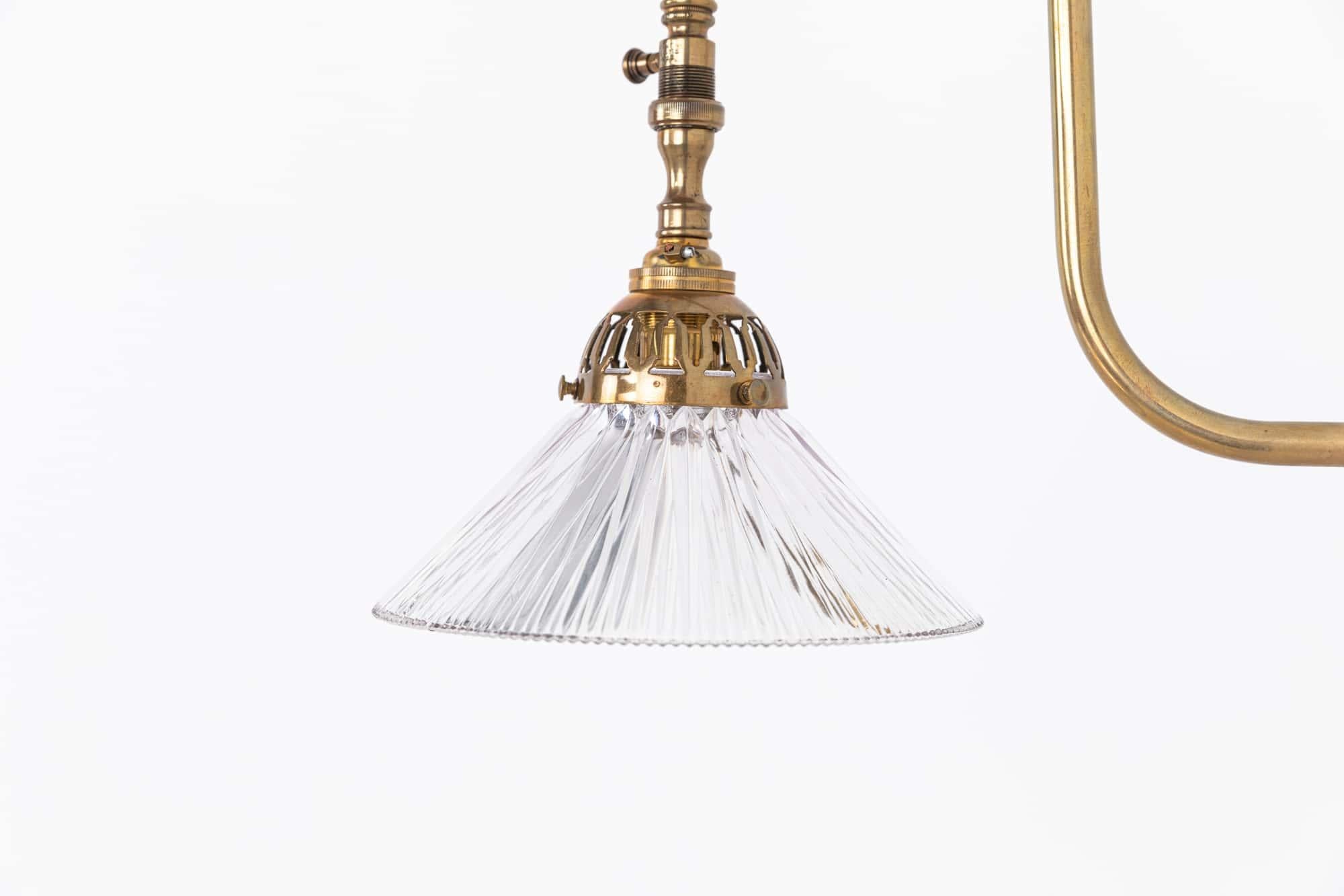 English Antique Holophane Prismatic Glass and Brass Swan Neck Wall Lamp, c.1920