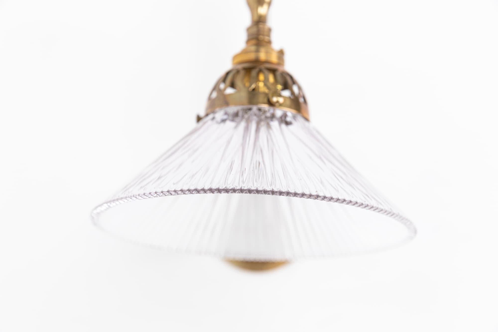 Early 20th Century Antique Holophane Prismatic Glass and Brass Swan Neck Wall Lamp, c.1920