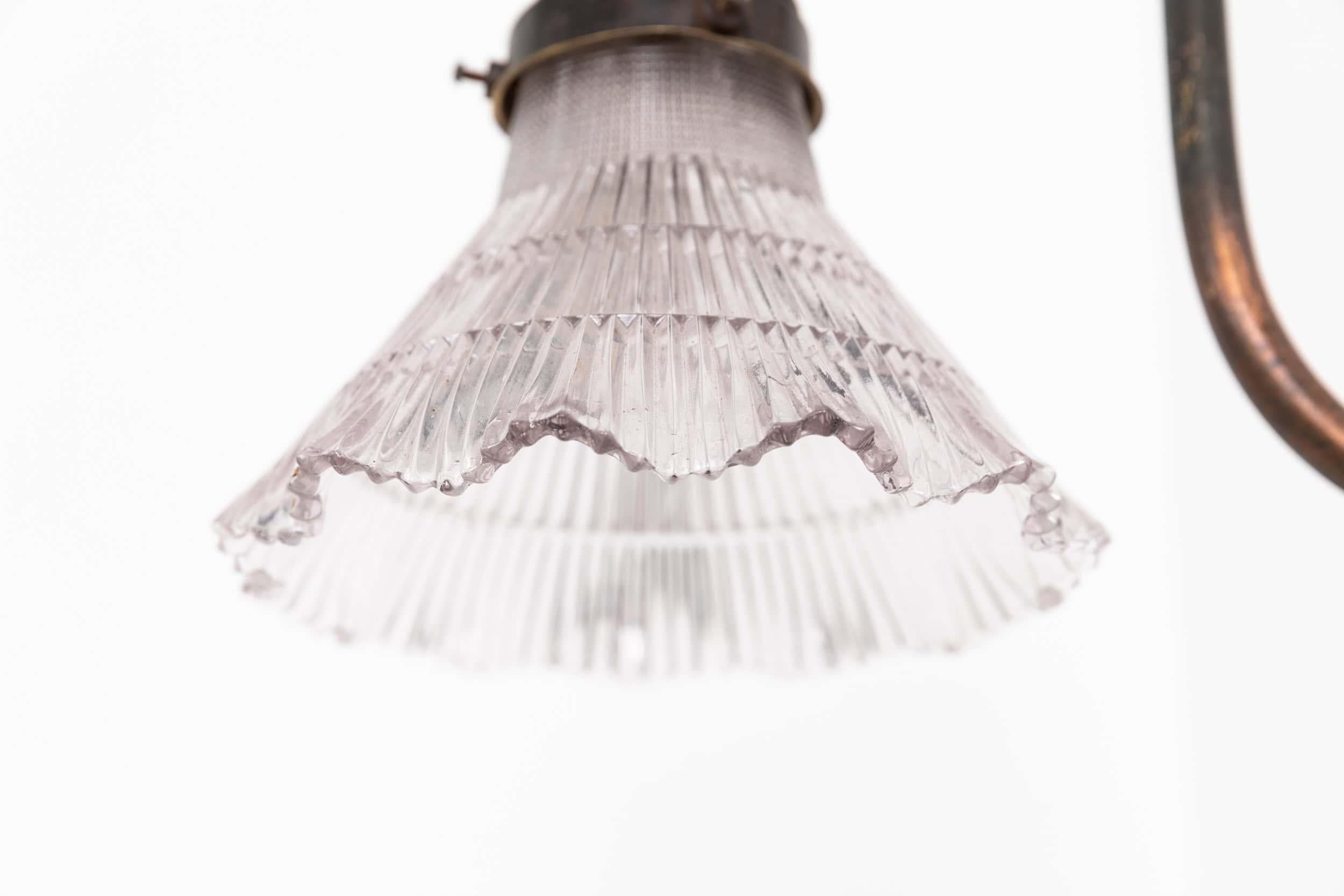 Art Nouveau Antique Holophane Prismatic Glass and Copper Former Gas Wall Lamp, c.1920