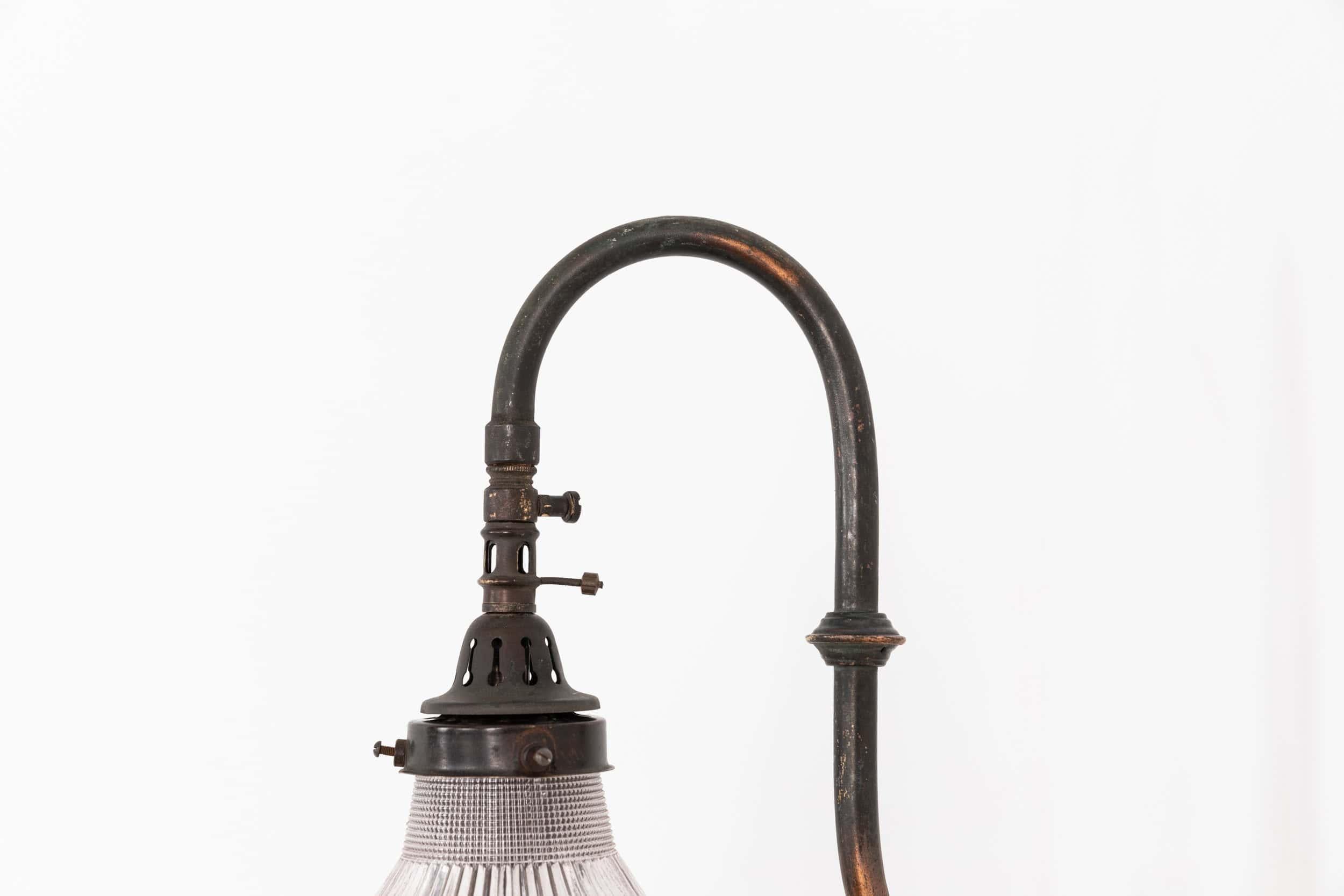 Pressed Antique Holophane Prismatic Glass and Copper Former Gas Wall Lamp, c.1920
