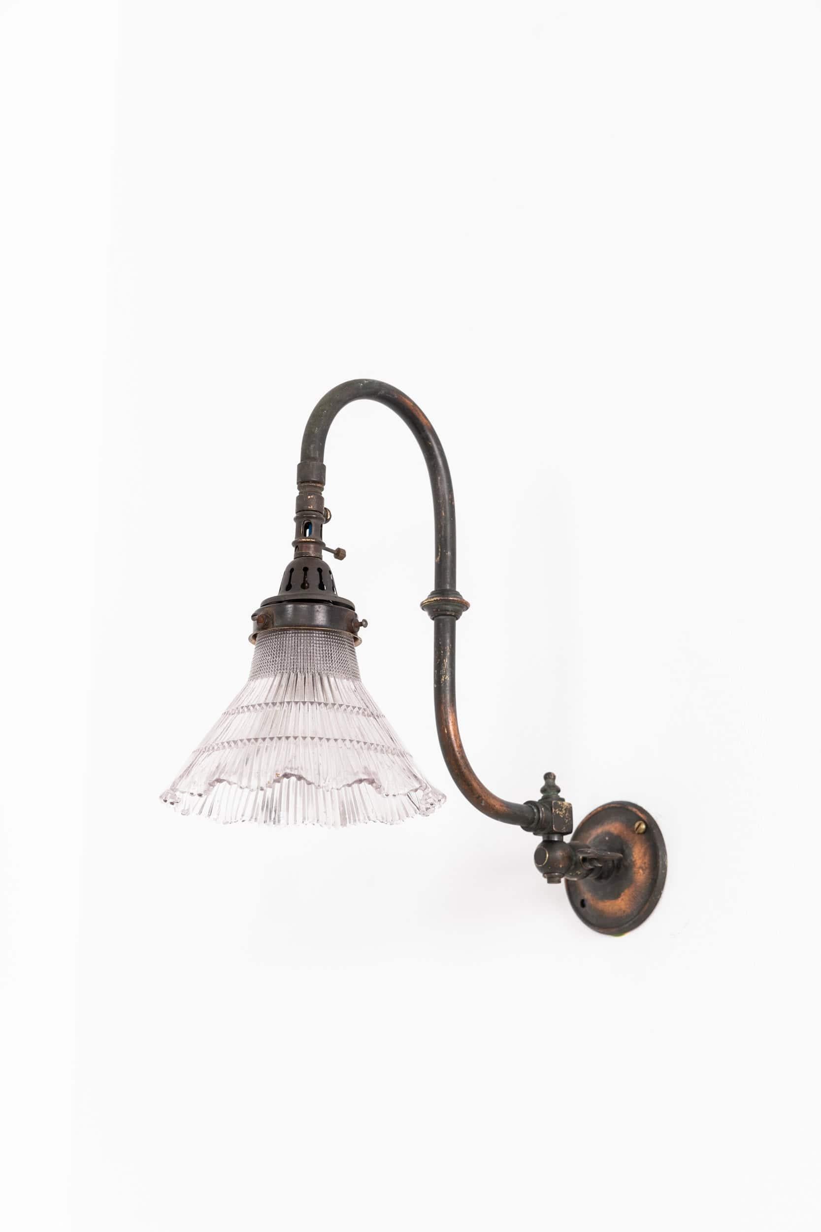 Antique Holophane Prismatic Glass and Copper Former Gas Wall Lamp, c.1920 In Fair Condition In London, GB