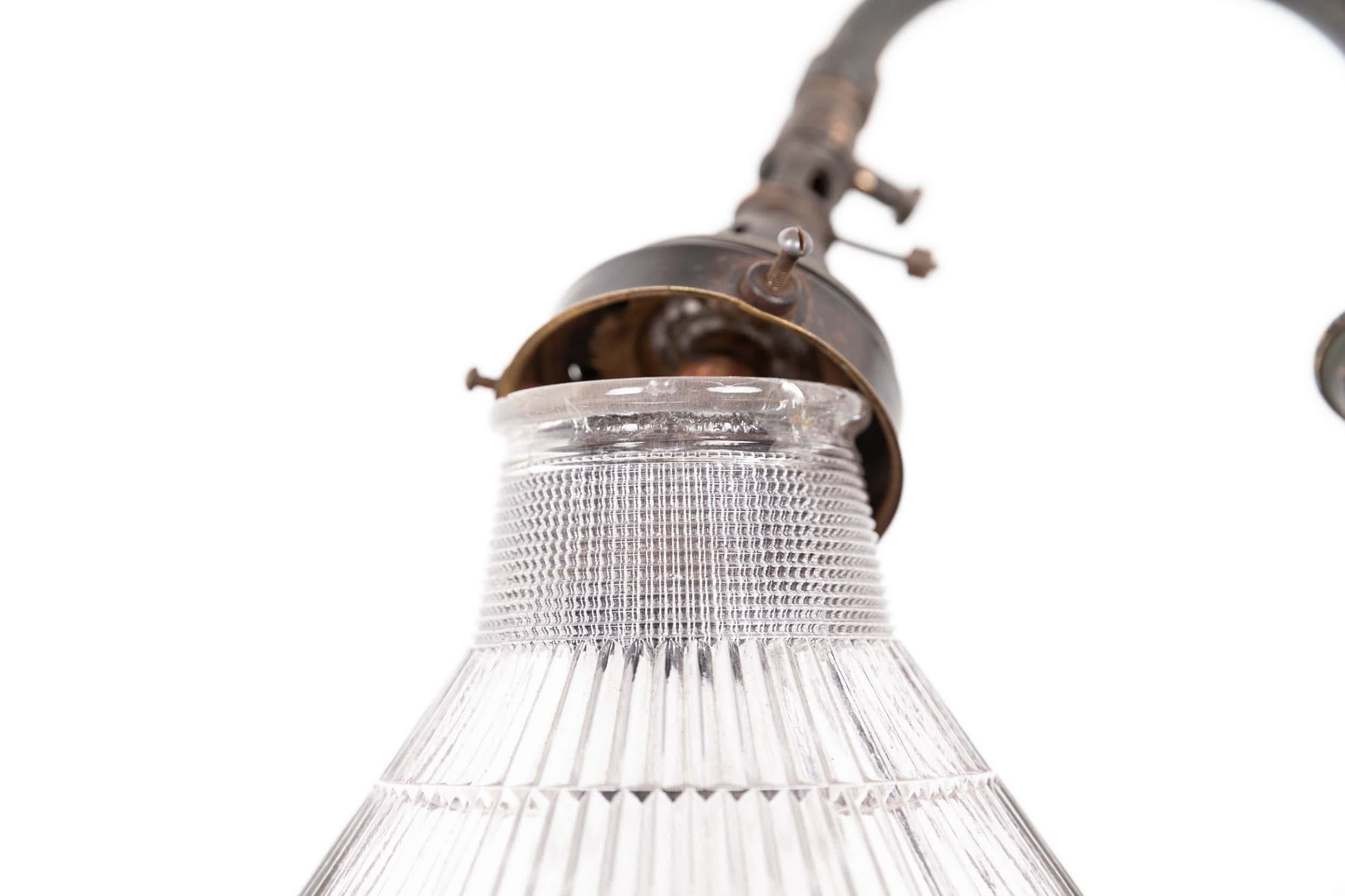 Brass Antique Holophane Prismatic Glass and Copper Former Gas Wall Lamp, c.1920