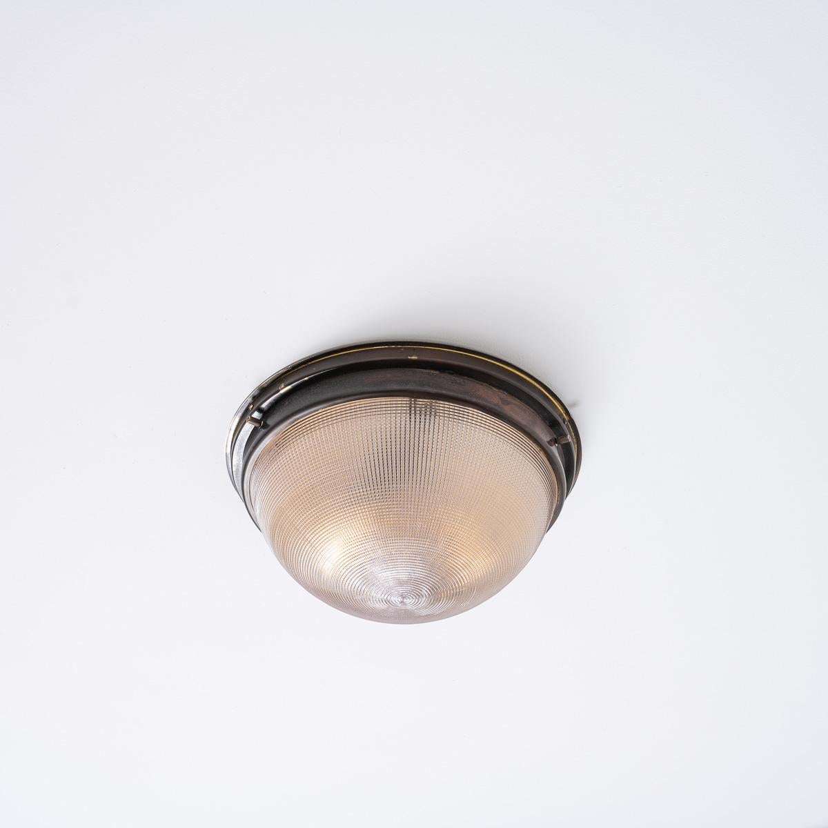 Brass Antique Holophane Prismatic Glass Blondel Bowl Flush Light Fitting