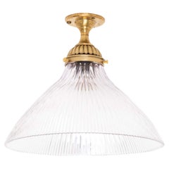 Antique Holophane Prismatic Glass Brass Ceiling Wall Lamp, c.1930