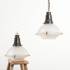 Antique Holophane Prismatic Glass Brass Church Pendant Light