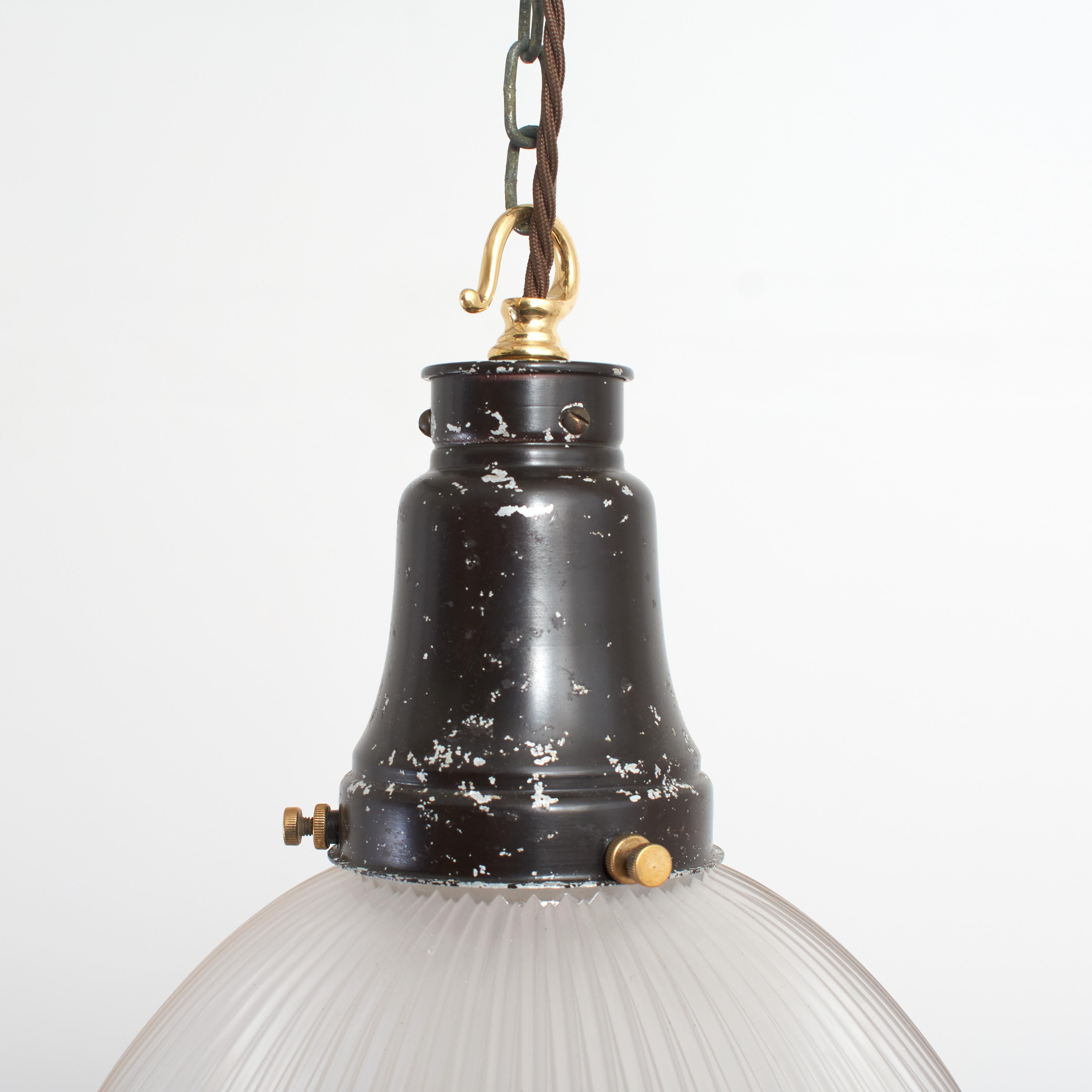 Mid-Century Modern Antique Holophane Prismatic Glass Brass Church Pendant Light For Sale